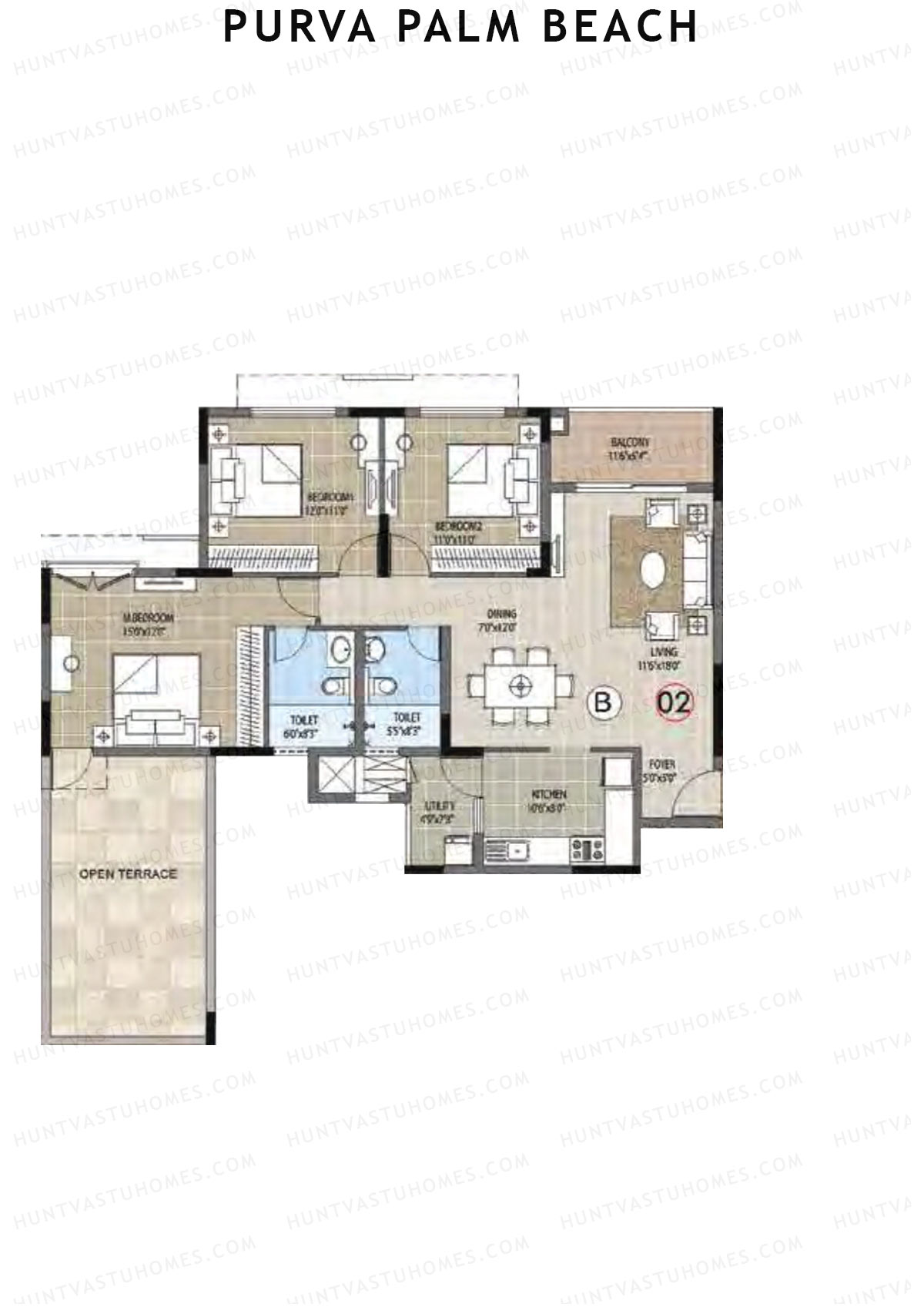 Purva Palm Beach Block 2 Wing F Unit 2 (Type B) Floor Plan