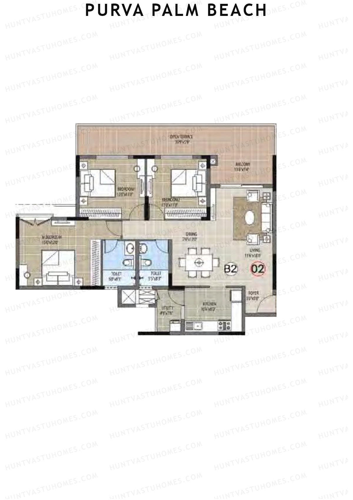 Purva Palm Beach Block 2 Wing F Unit 2 (Type B) Floor Plan