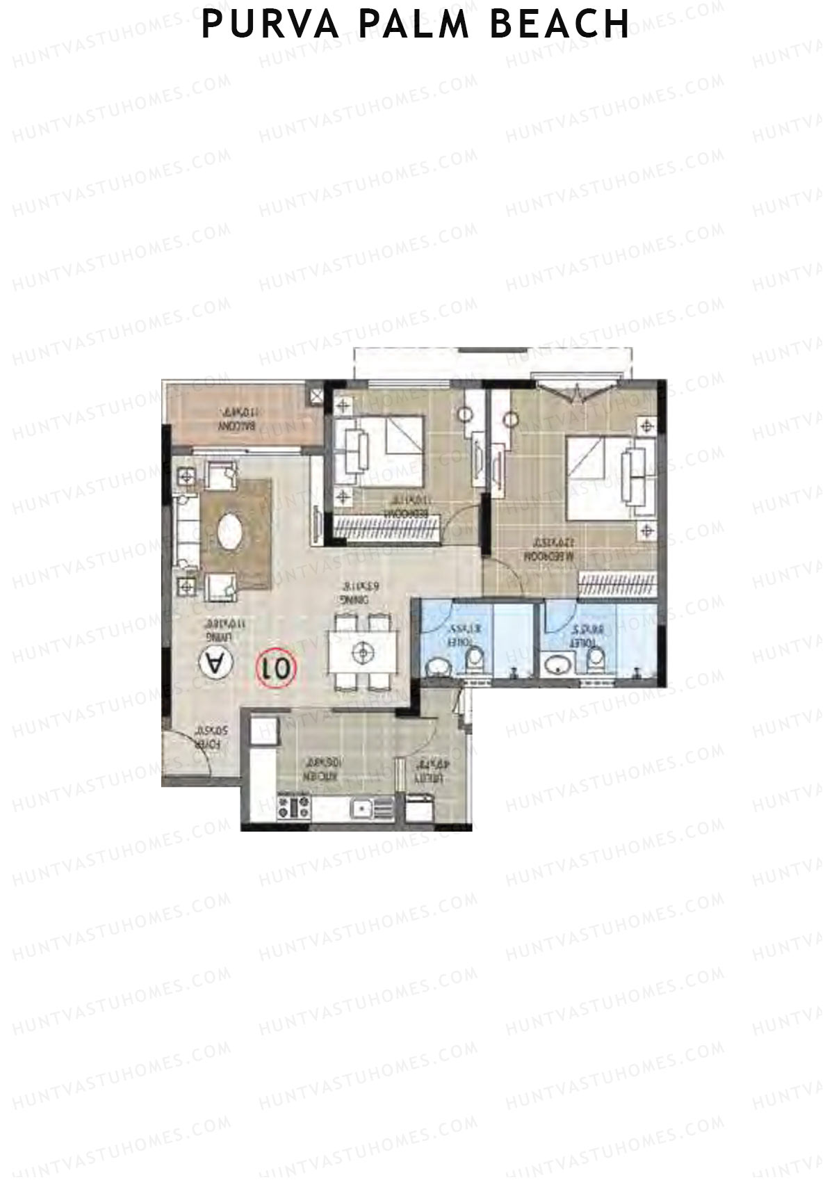 Purva Palm Beach Block 2 Wing F Unit 3 (Type A) Floor Plan