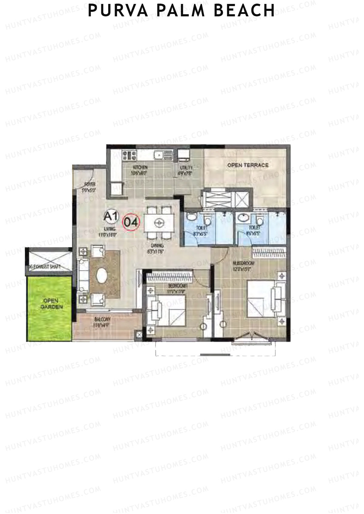 Purva Palm Beach Block 2 Wing F Unit 4 (Type A) Floor Plan
