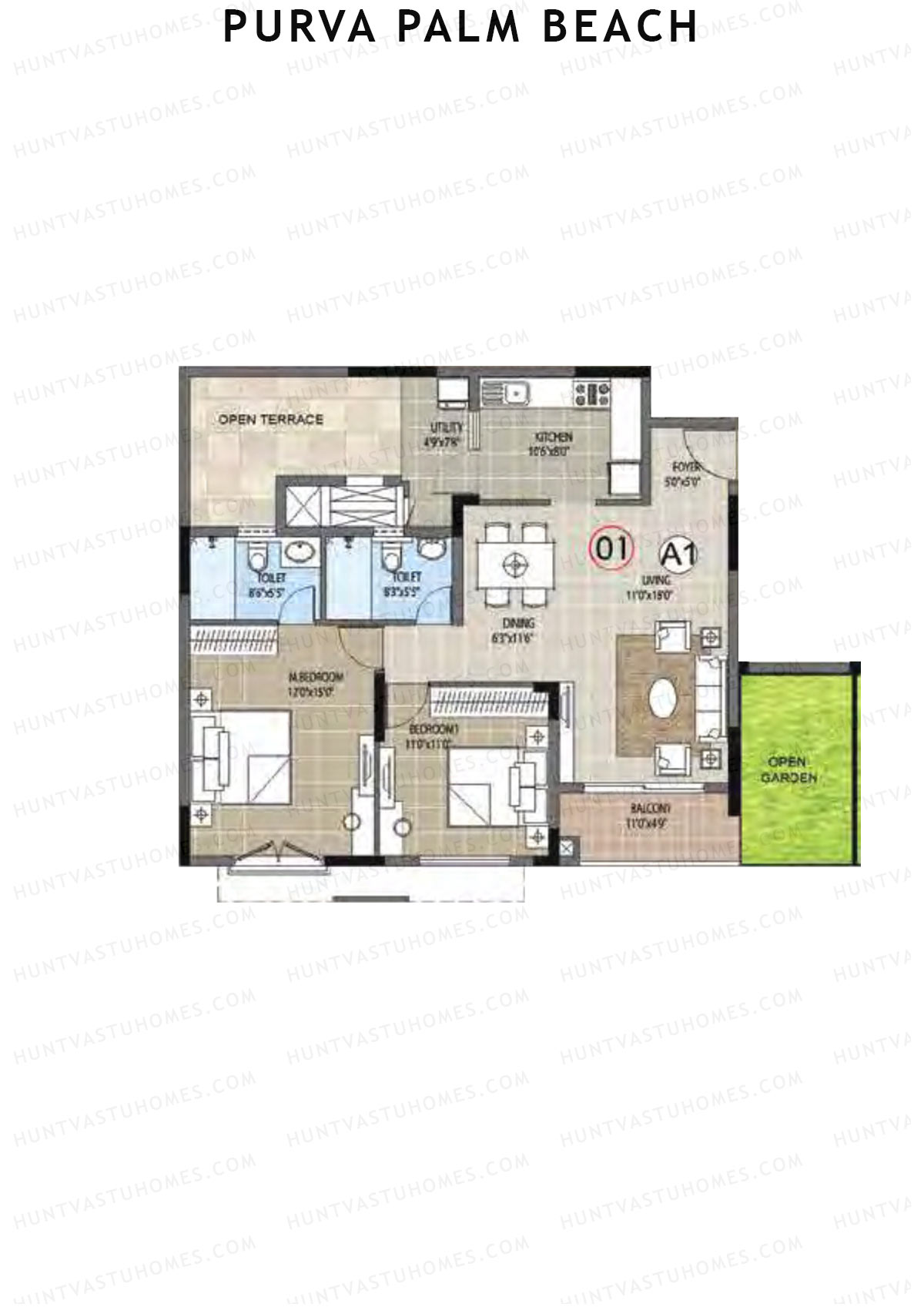 Purva Palm Beach Block 2 Wing G Unit 1 (Type A) Floor Plan