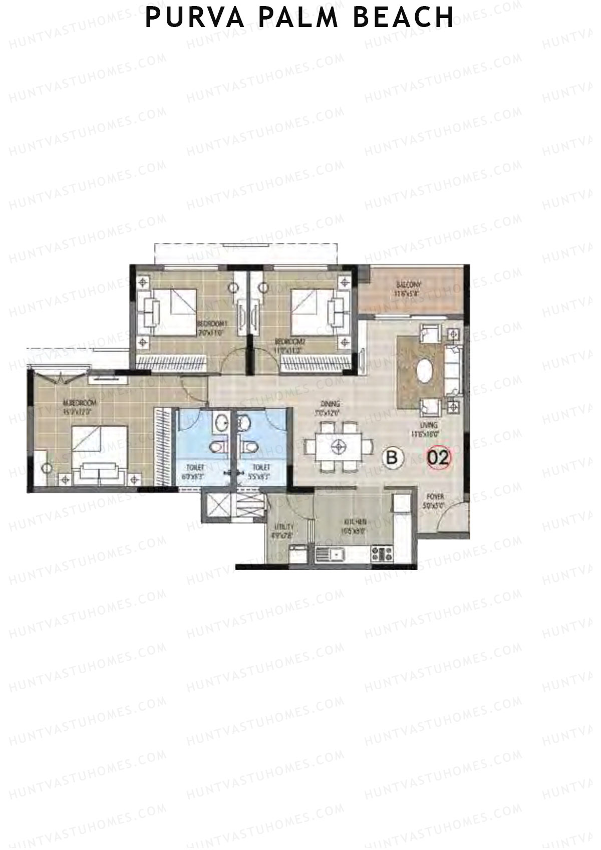 Purva Palm Beach Block 2 Wing G Unit 2 (Type B) Floor Plan