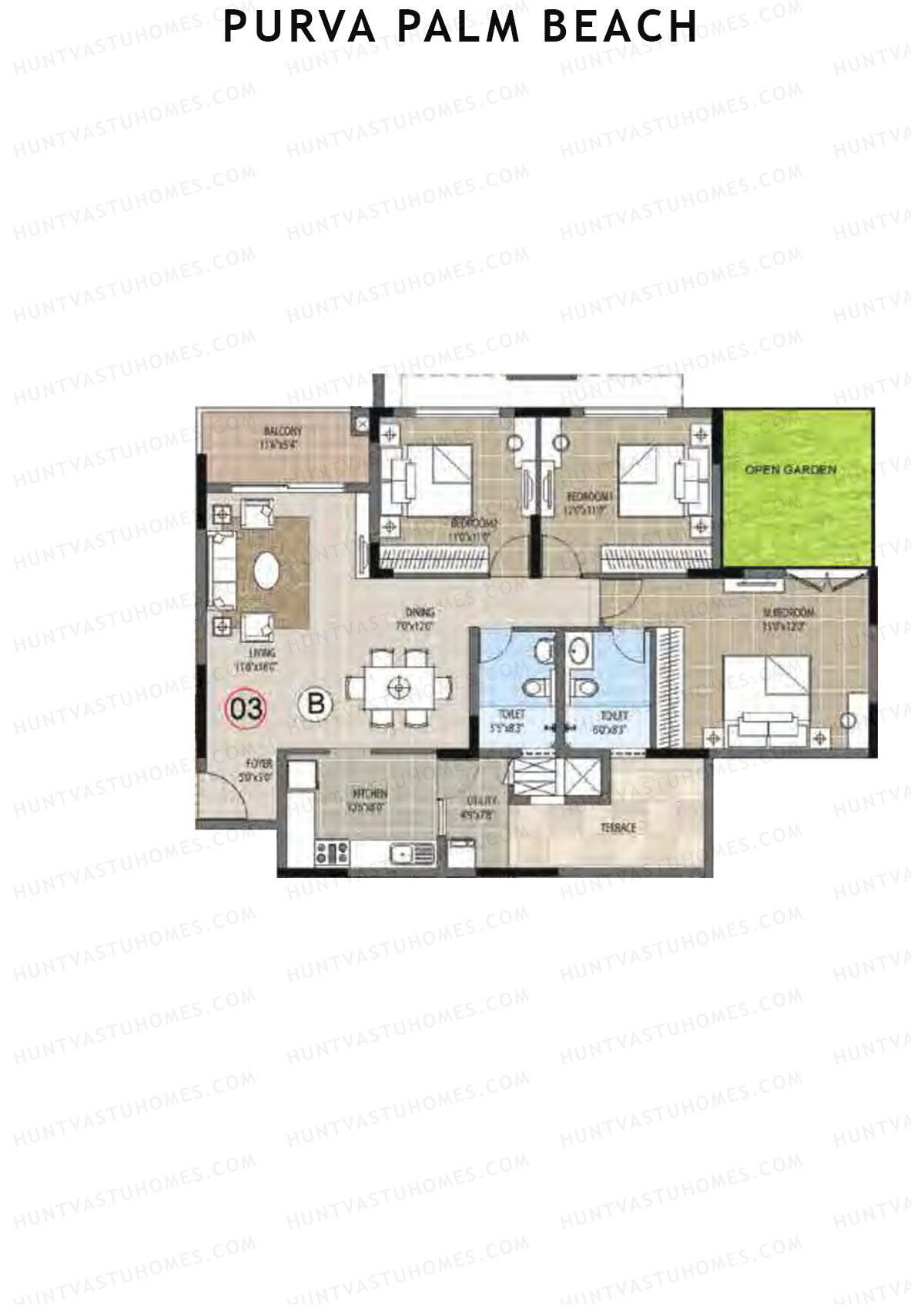 Purva Palm Beach Block 2 Wing G Unit 3 (Type B) Floor Plan