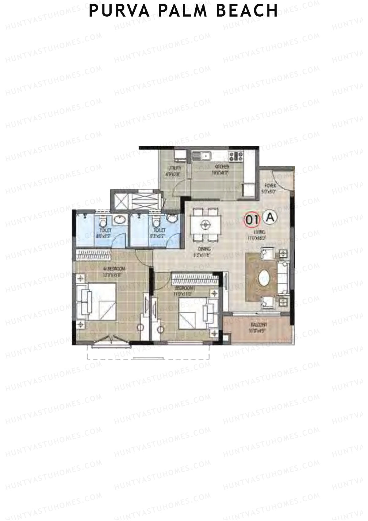 Purva Palm Beach Block 2 Wing H Unit 1 (Type A) Floor Plan