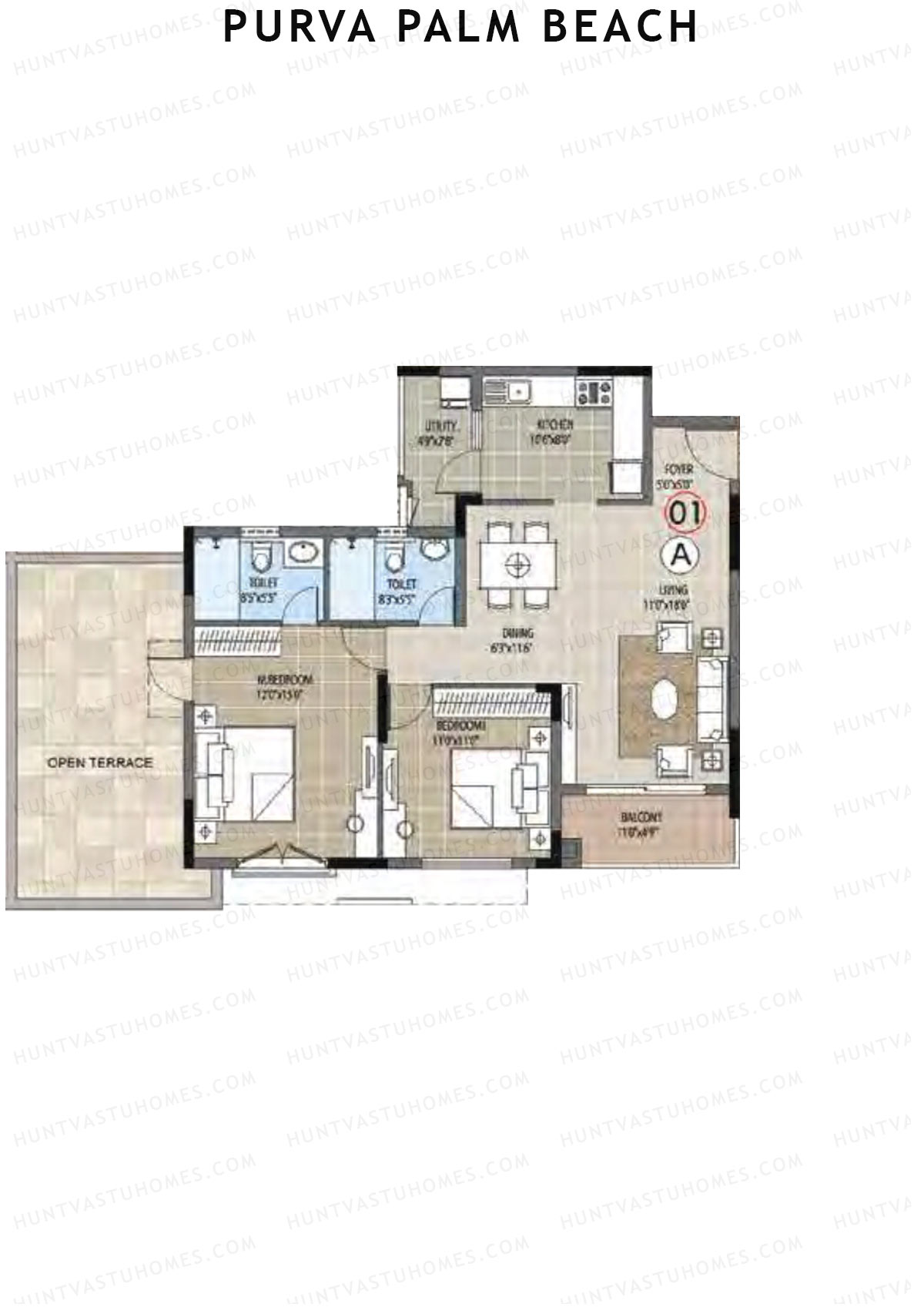 Purva Palm Beach Block 2 Wing H Unit 1 (Type A) Floor Plan