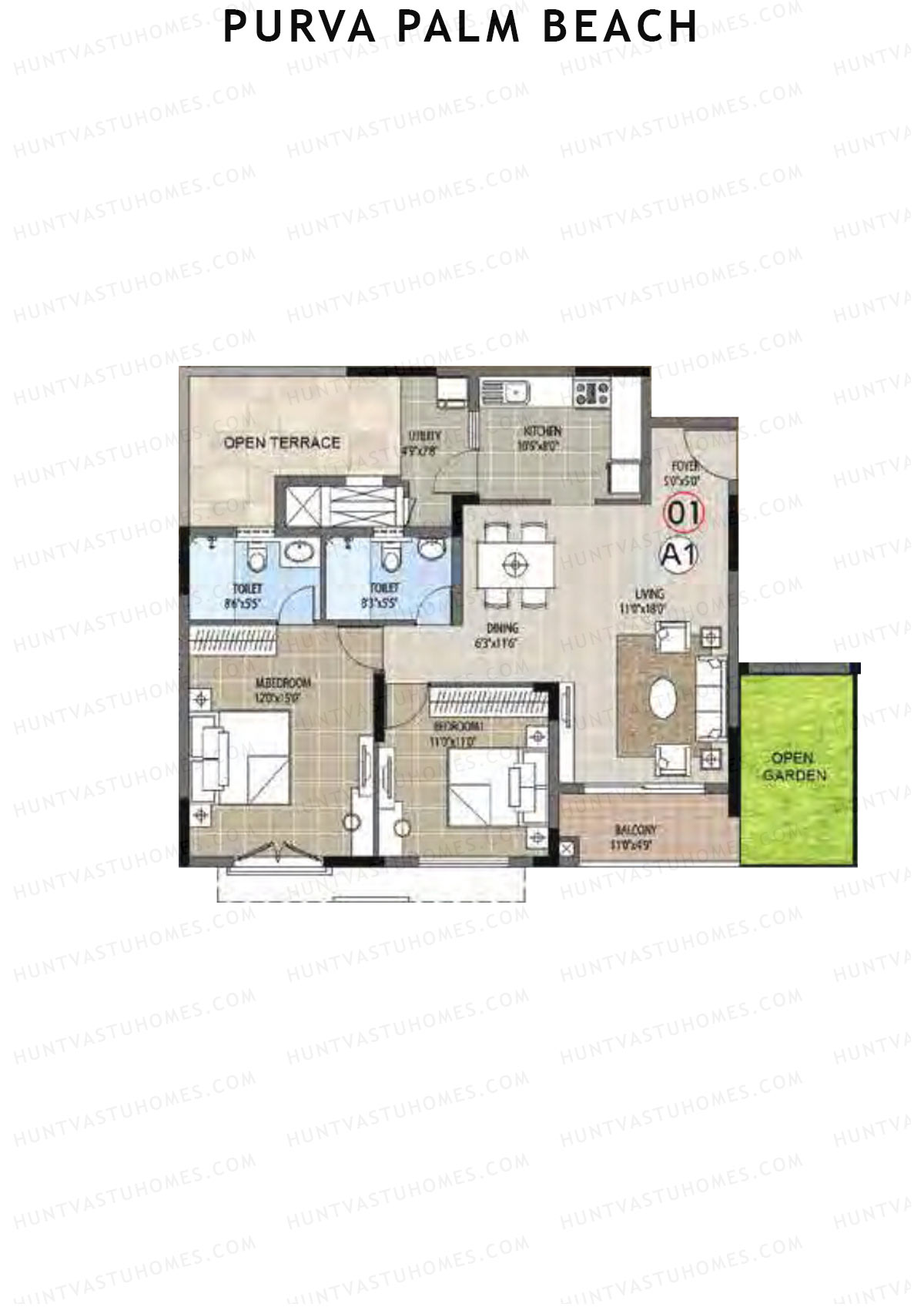 Purva Palm Beach Block 2 Wing H Unit 1 (Type A) Floor Plan