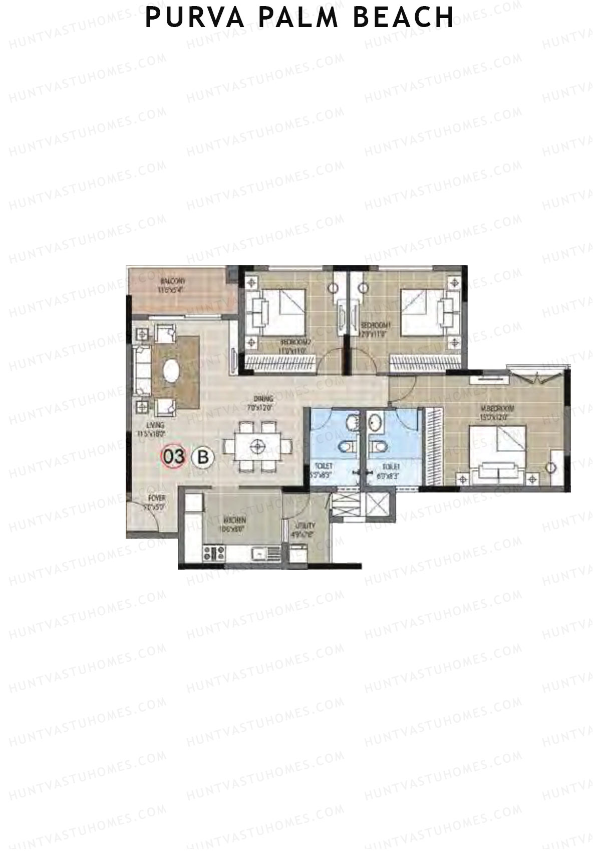 Purva Palm Beach Block 2 Wing H Unit 3 (Type B) Floor Plan