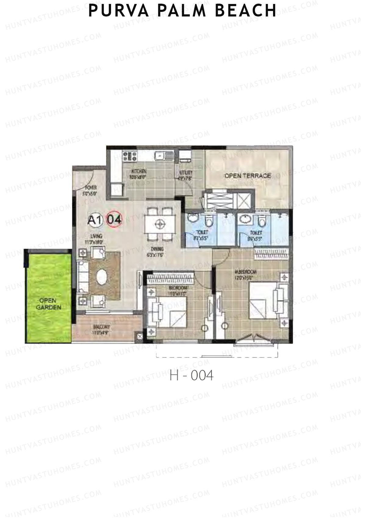 Purva Palm Beach Block 2 Wing H Unit 4 (Type A) Floor Plan