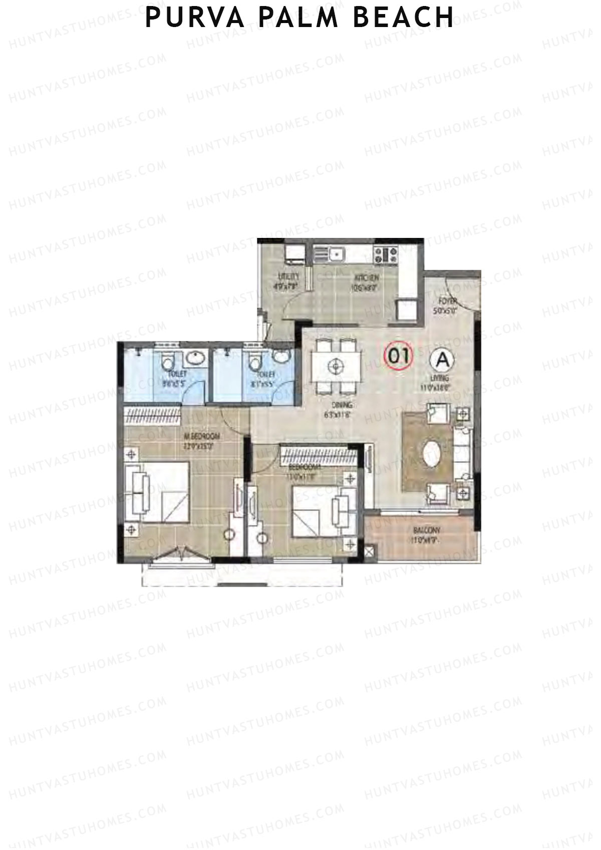 Purva Palm Beach Block 2 Wing J Unit 1 (Type A) Floor Plan