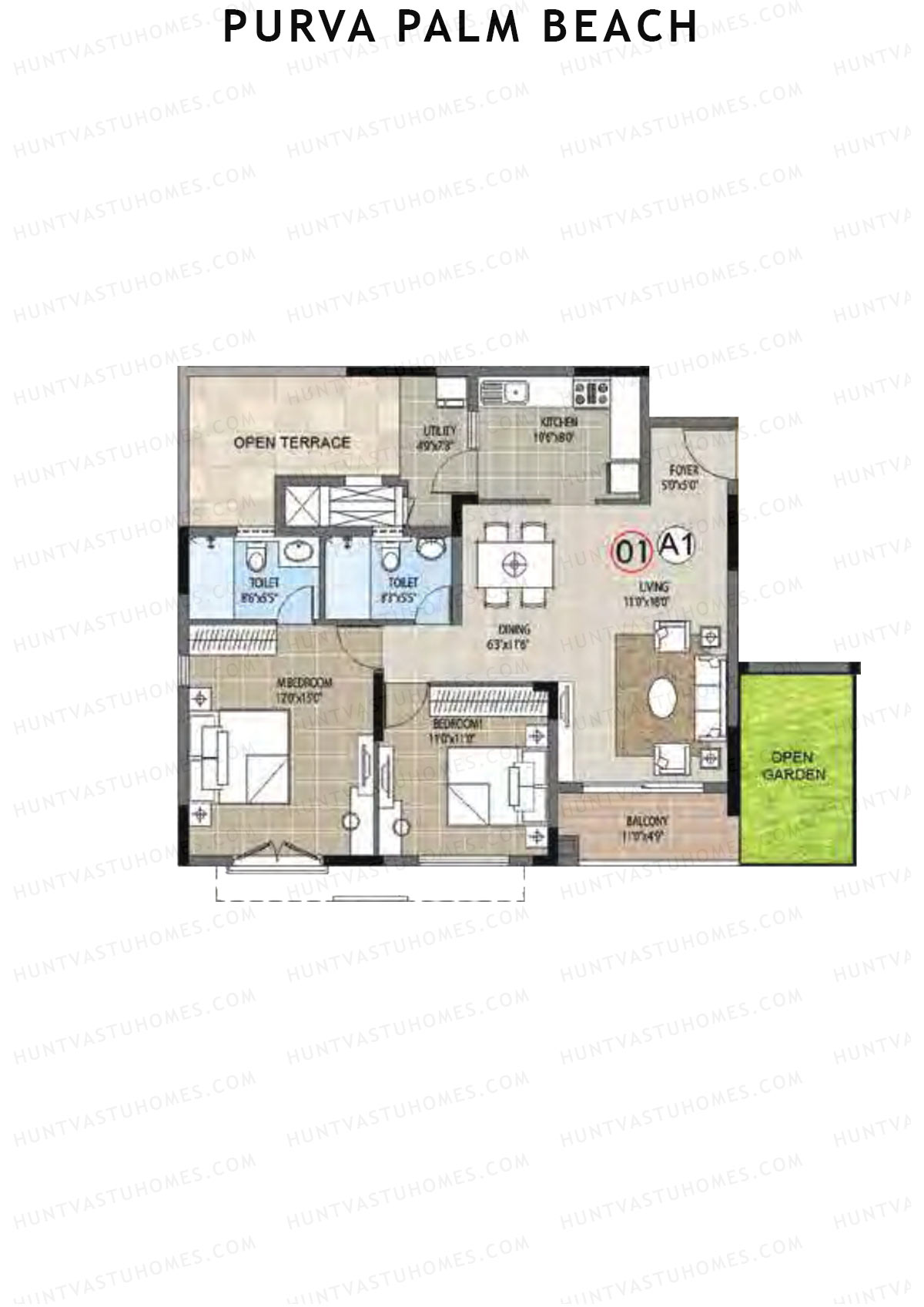 Purva Palm Beach Block 2 Wing J Unit 1 (Type A) Floor Plan