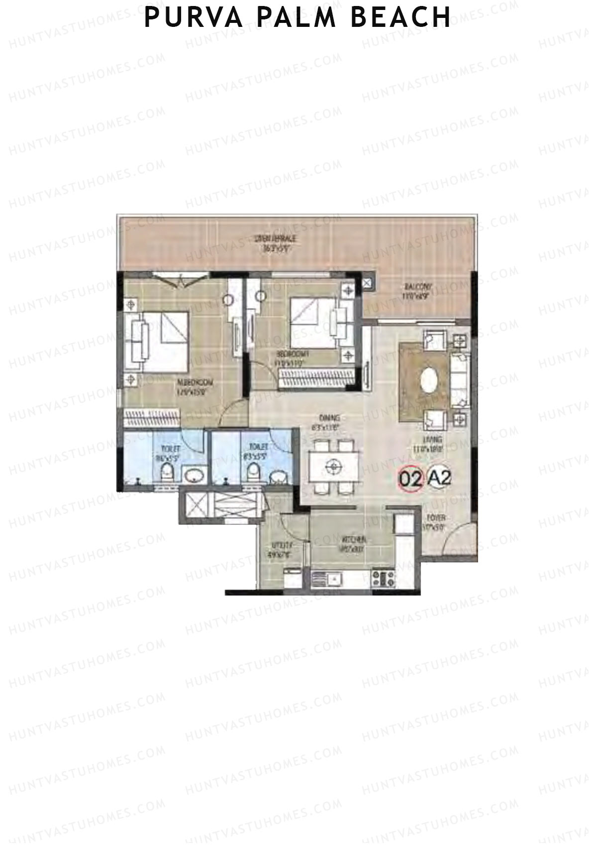 Purva Palm Beach Block 2 Wing J Unit 2 (Type A) Floor Plan