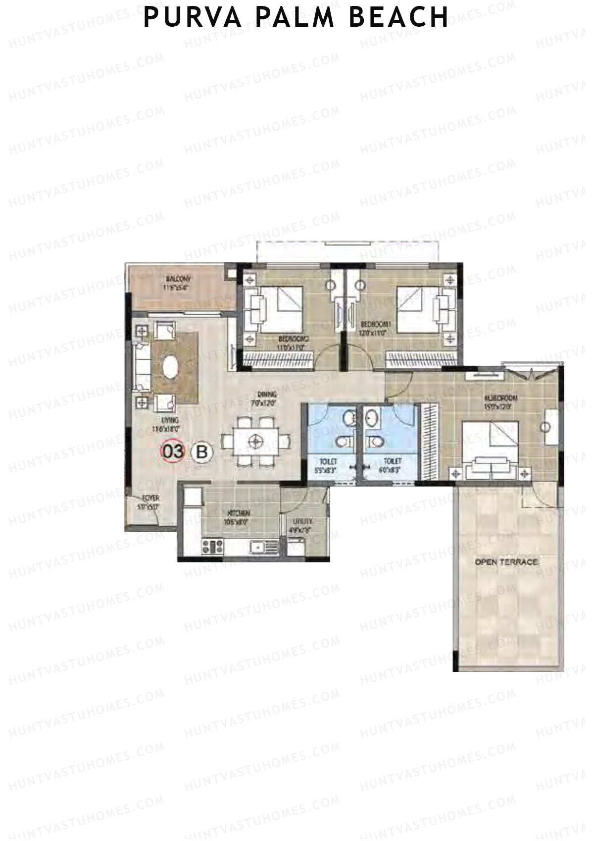 Purva Palm Beach Block 2 Wing J Unit 3 (Type B) Floor Plan