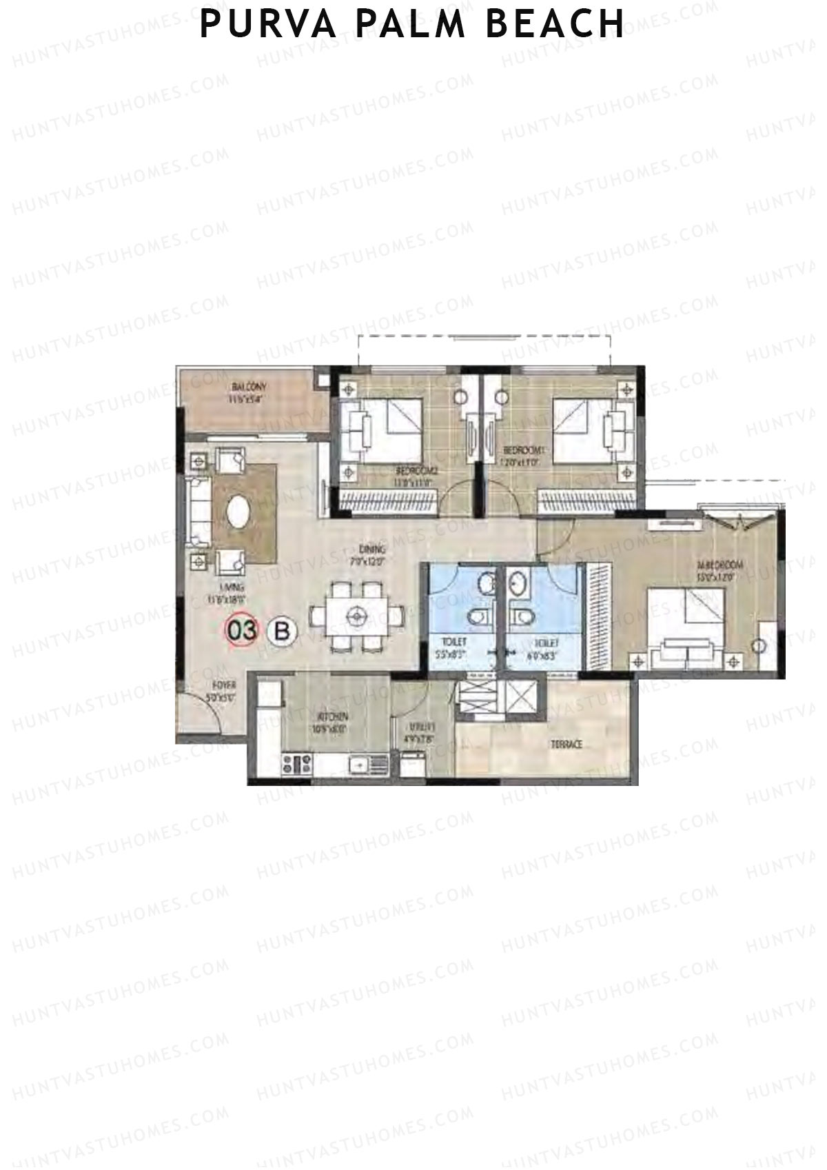 Purva Palm Beach Block 2 Wing J Unit 3 (Type B) Floor Plan