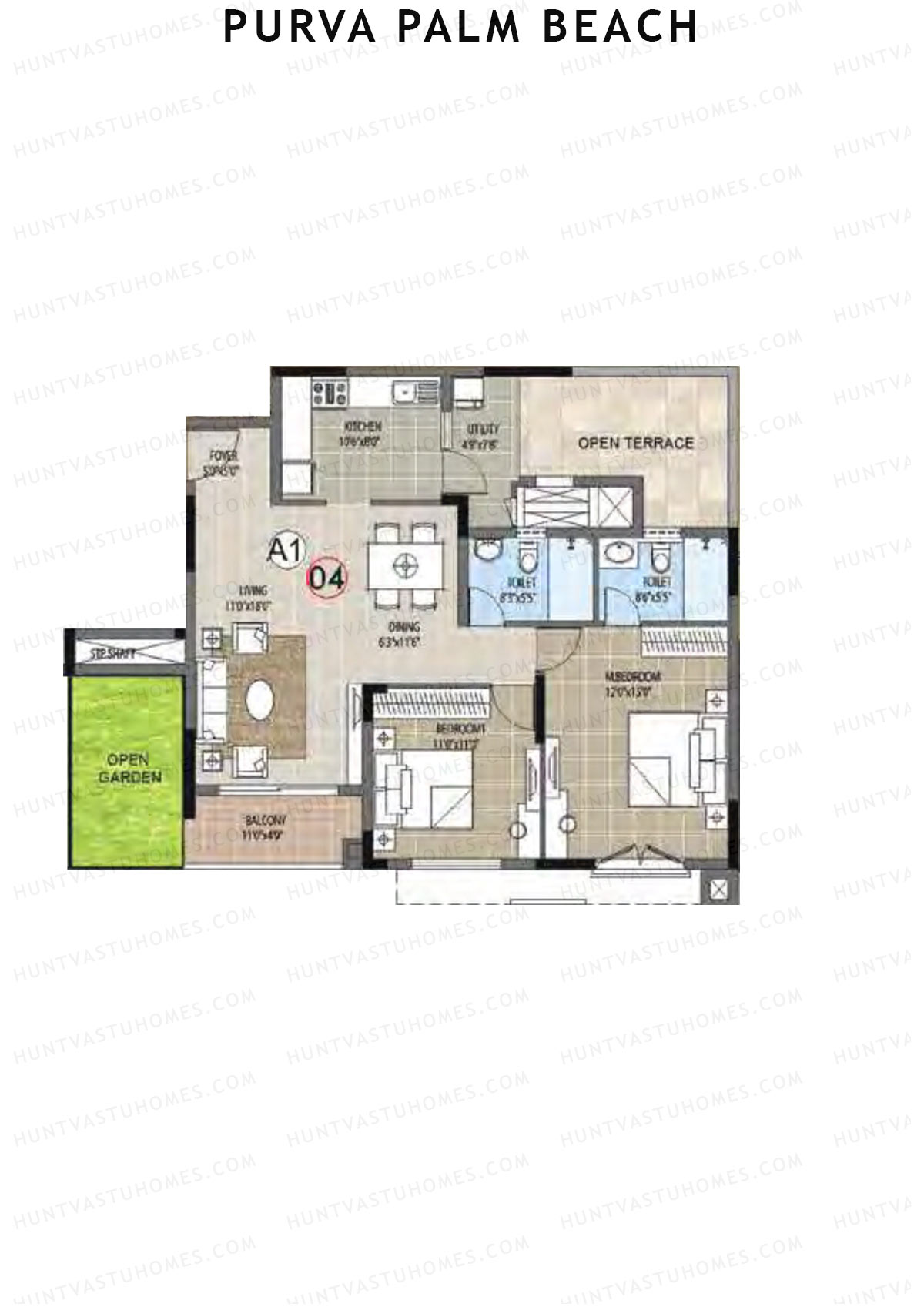 Purva Palm Beach Block 2 Wing J Unit 4 (Type A) Floor Plan