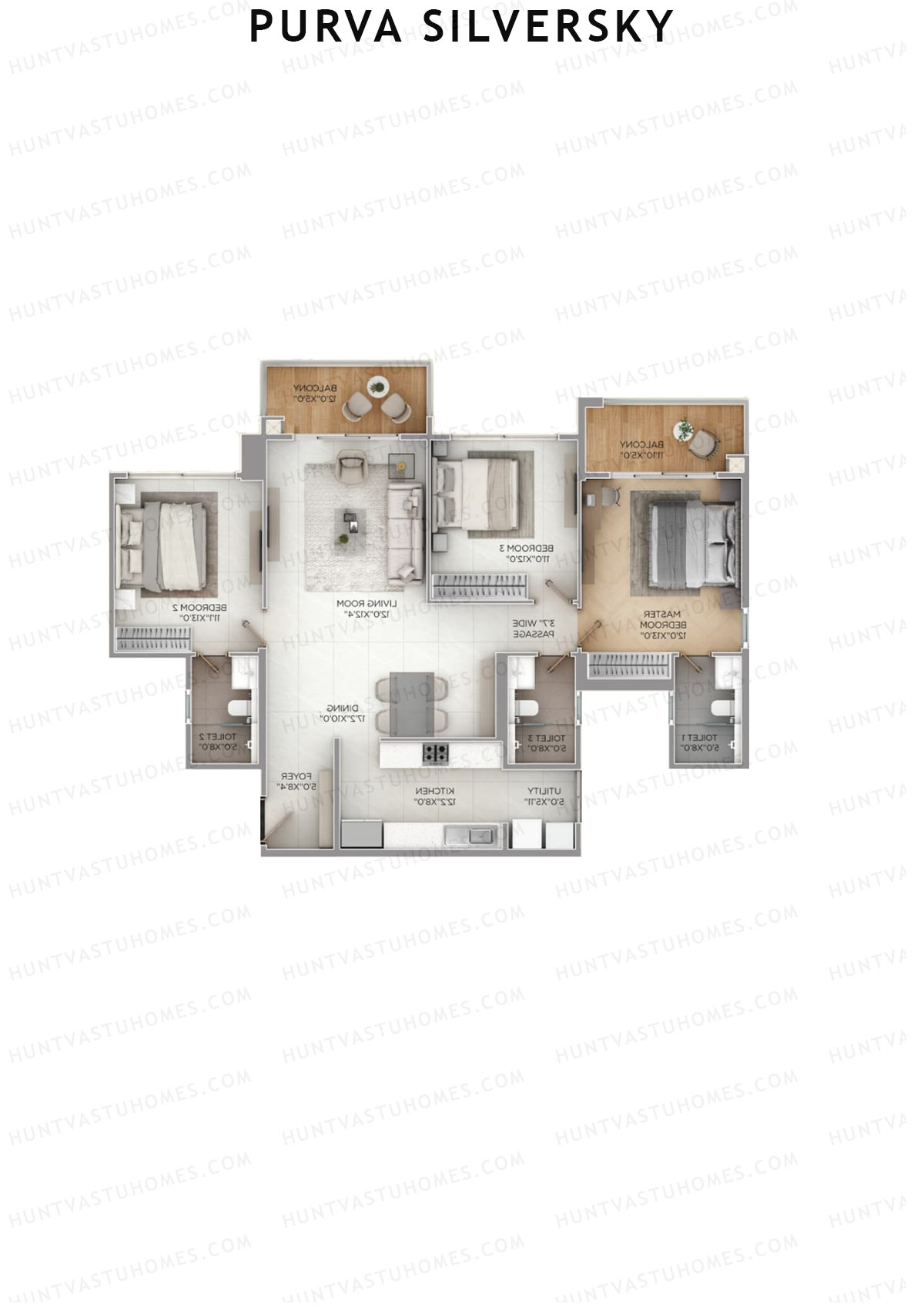 Purva Silversky, Tower A, Unit 1, 3BHK, Super Area 1864   sq ft 