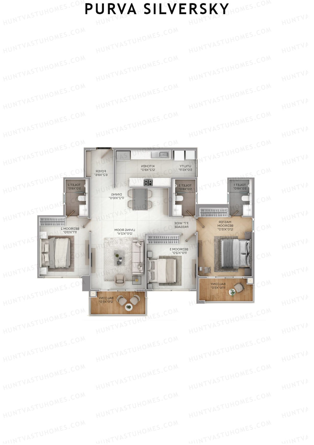 Purva Silversky, Tower A, Unit 2, 3BHK, Super Area 1874   sq ft 