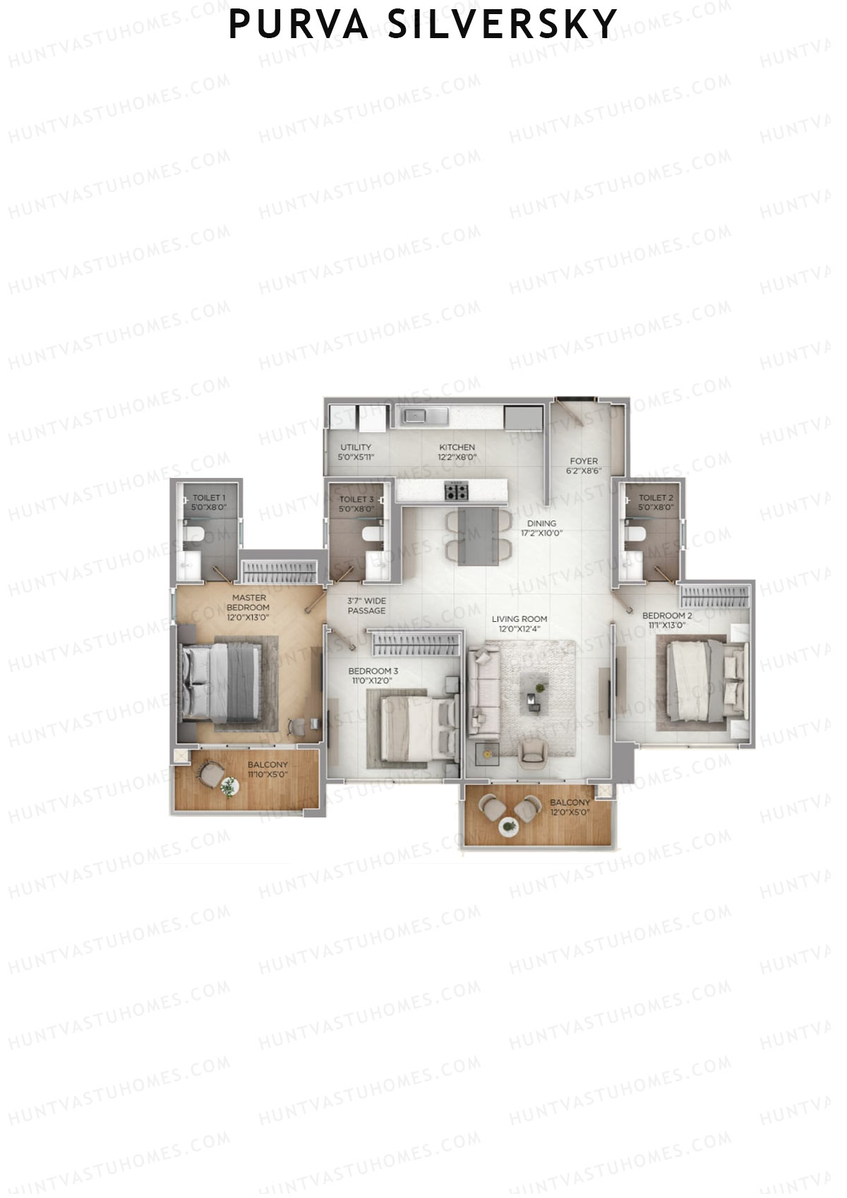 Purva Silversky, Tower A, Unit 3, 3BHK, Super Area 1874   sq ft 