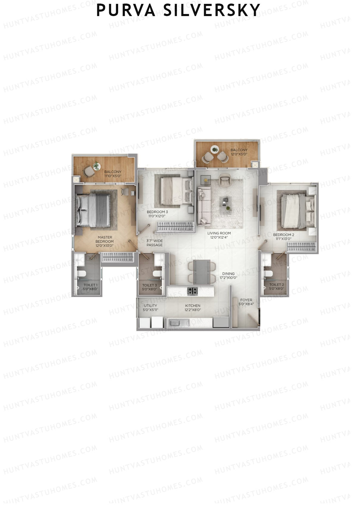 Purva Silversky, Tower A, Unit 4, 3BHK, Super Area 1864   sq ft 
