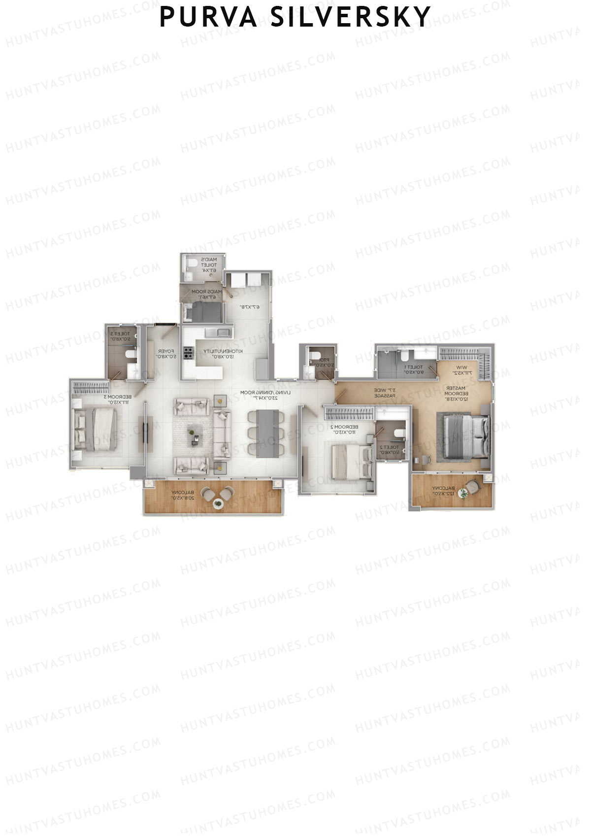 Purva Silversky, Tower B, Unit 2, 3BHK, Super Area 2300   sq ft 