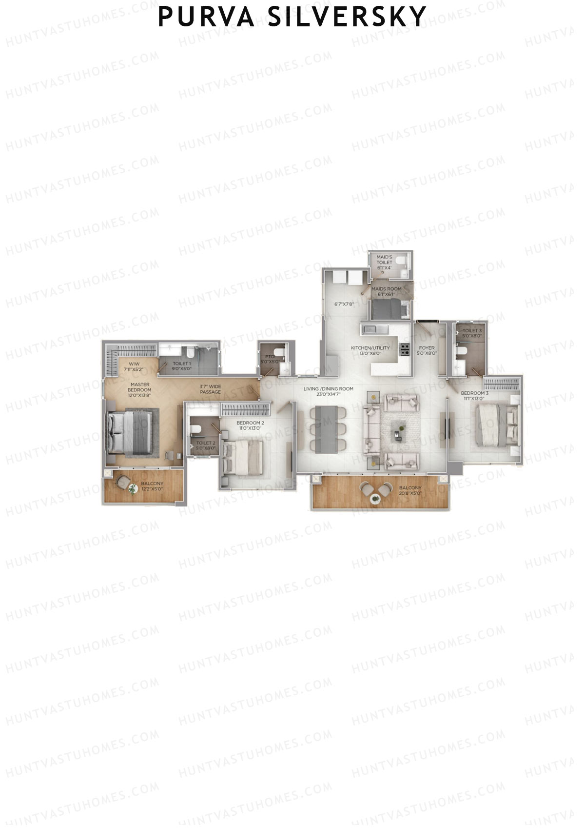 Purva Silversky, Tower B, Unit 3, 3BHK, Super Area 2300   sq ft 