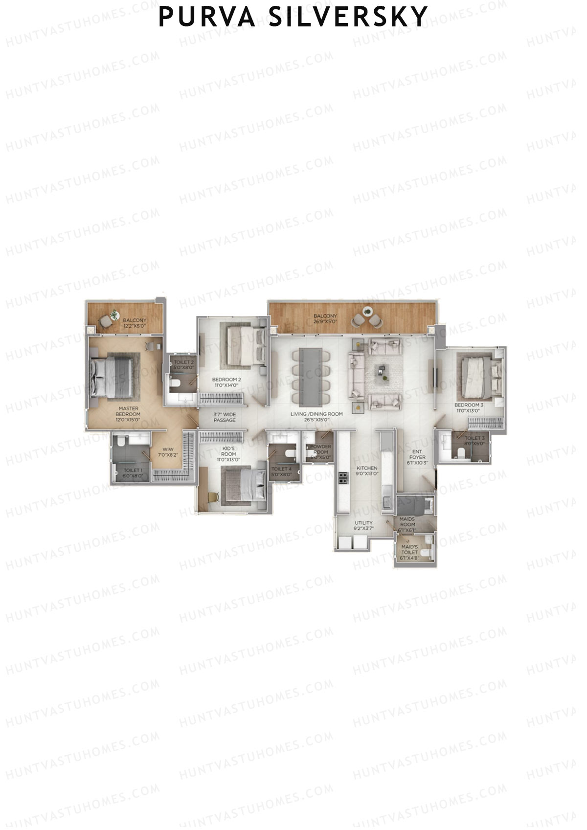 Purva Silversky, Tower B, Unit 4, 4BHK, Super Area 2824   sq ft 