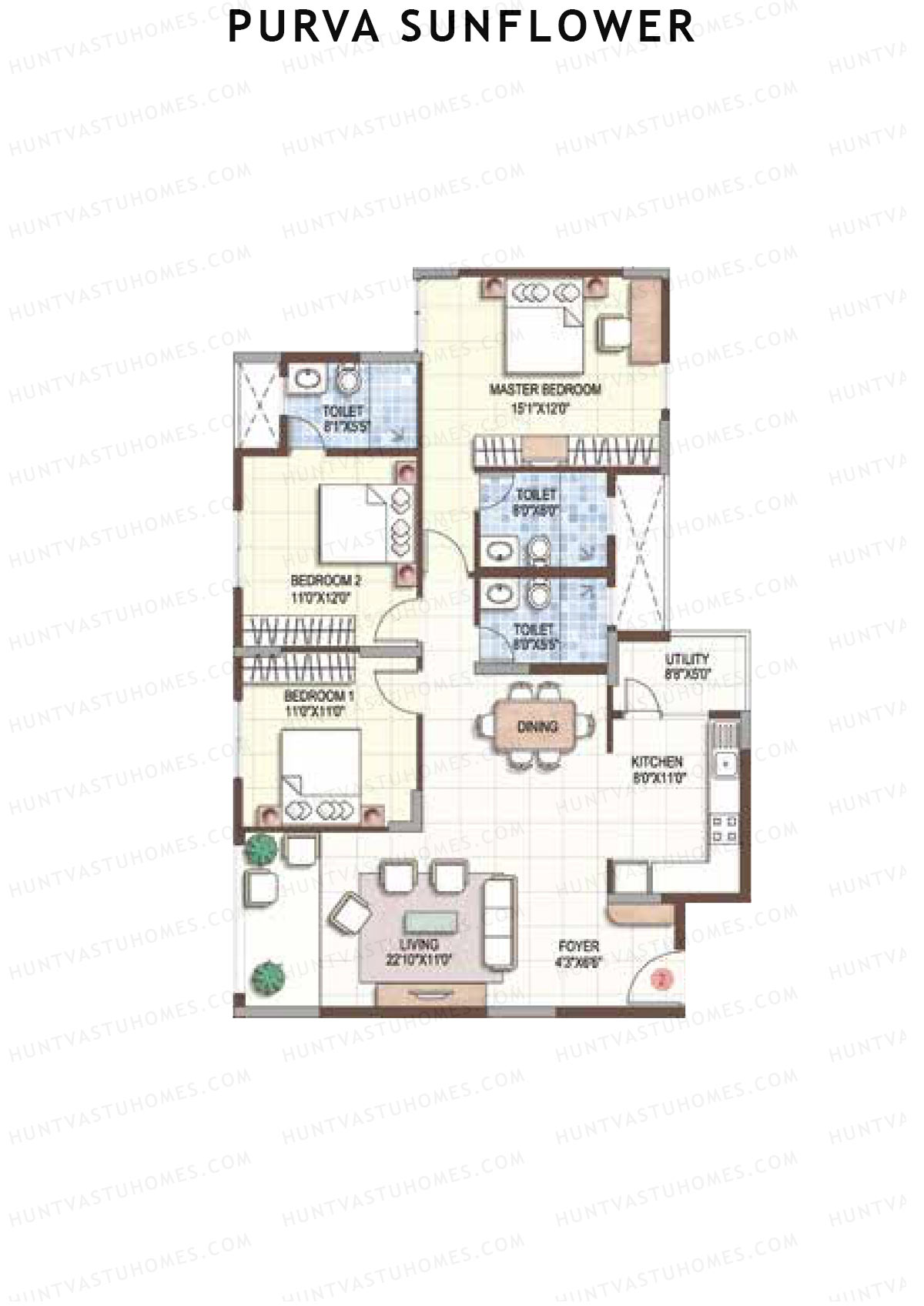 Purva Sunflower Wing A Unit 2 (Type B) Floor Plan
