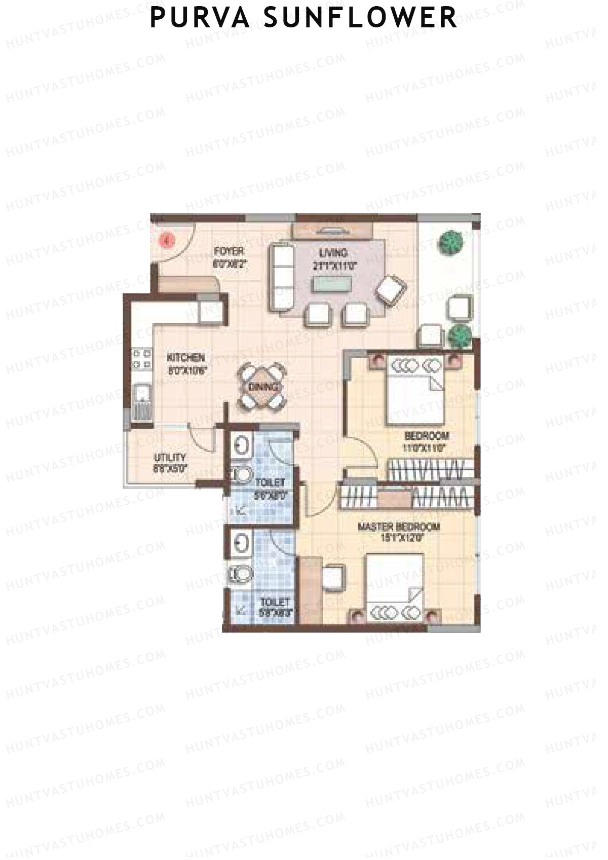 Purva Sunflower Wing B Unit 2 (Type D) Floor Plan