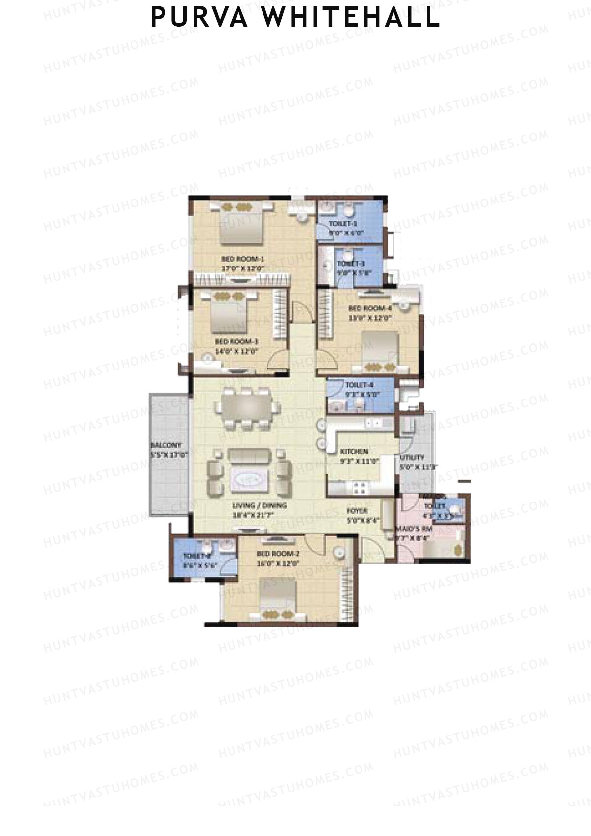 Purva Whitehall, Block A, Unit 1, 4BHK, Super Area 2359   sq ft 