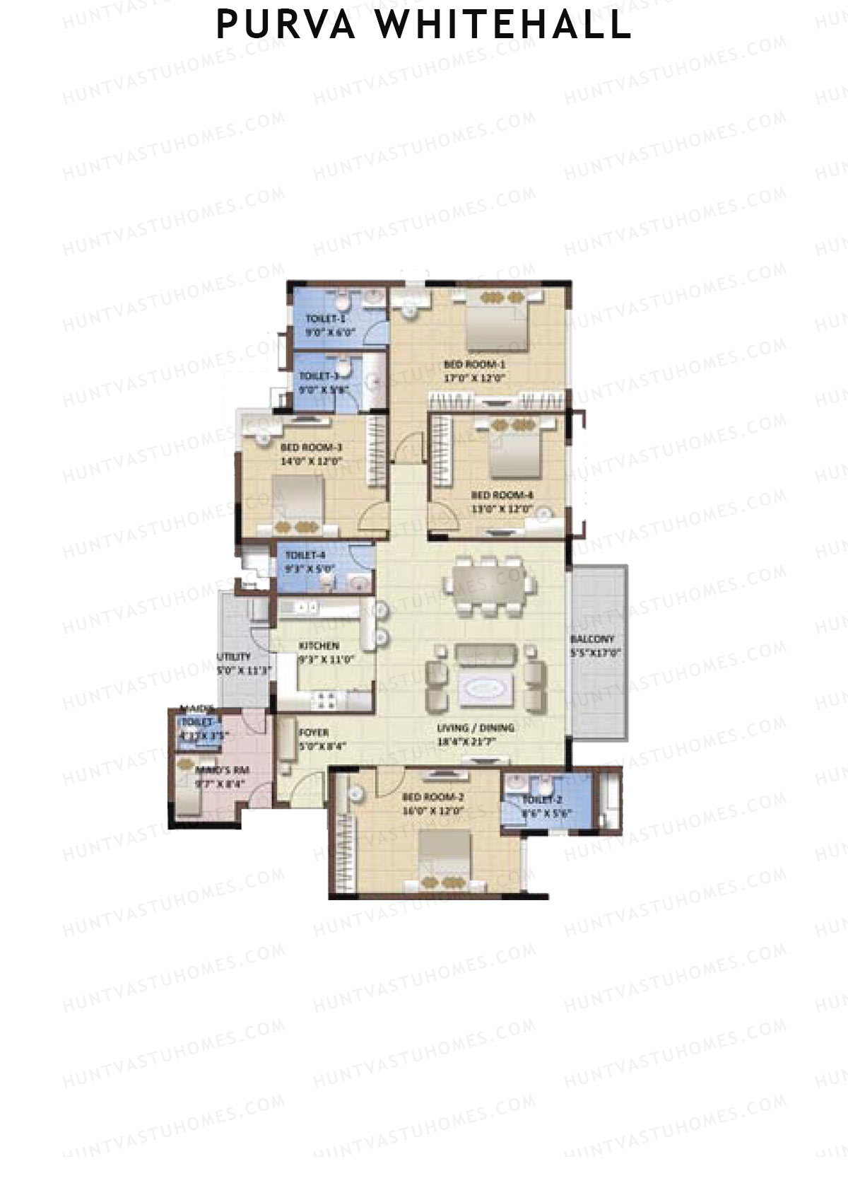 Purva Whitehall, Block A, Unit 2, 4BHK, Super Area 2359   sq ft 