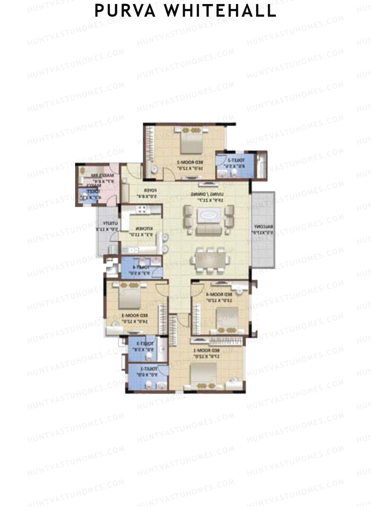 Purva Whitehall, Block A, Unit 3, 4BHK, Super Area 2425   sq ft 