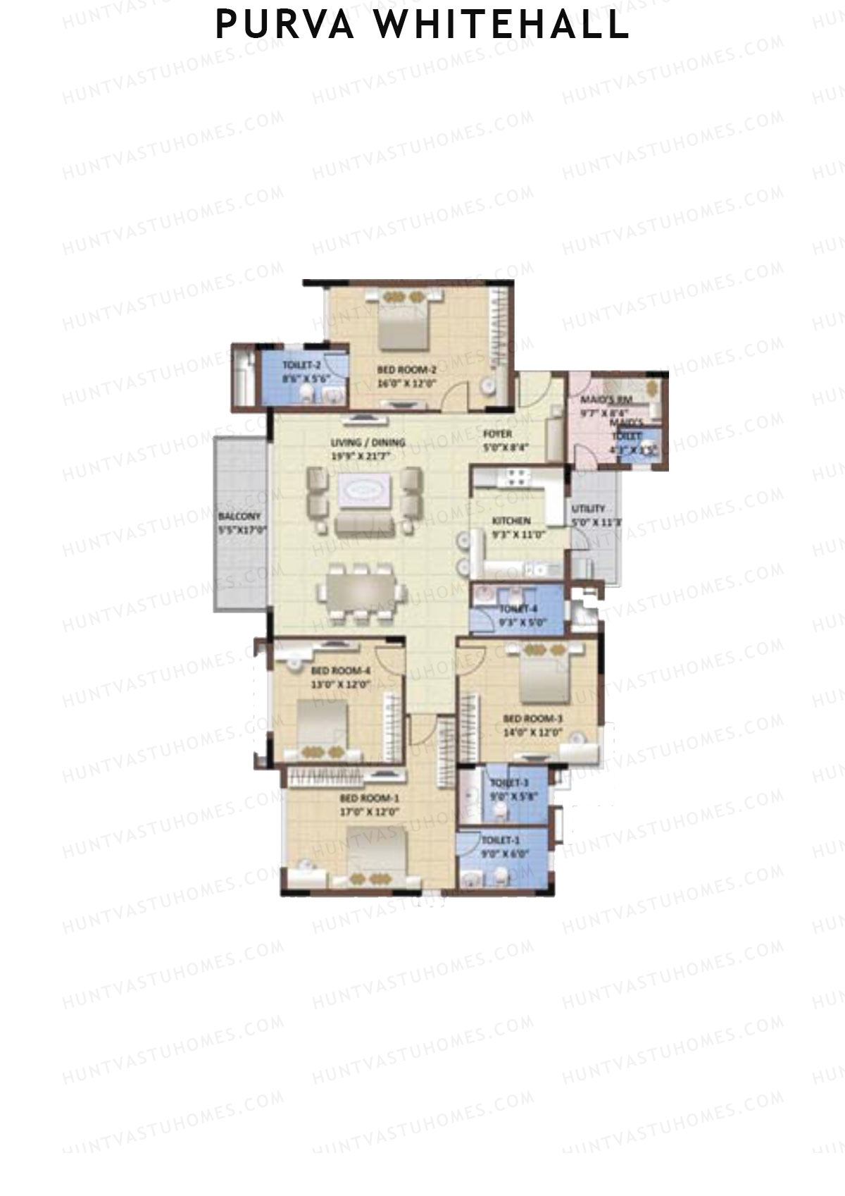 Purva Whitehall, Block A, Unit 4, 4BHK, Super Area 2425   sq ft 