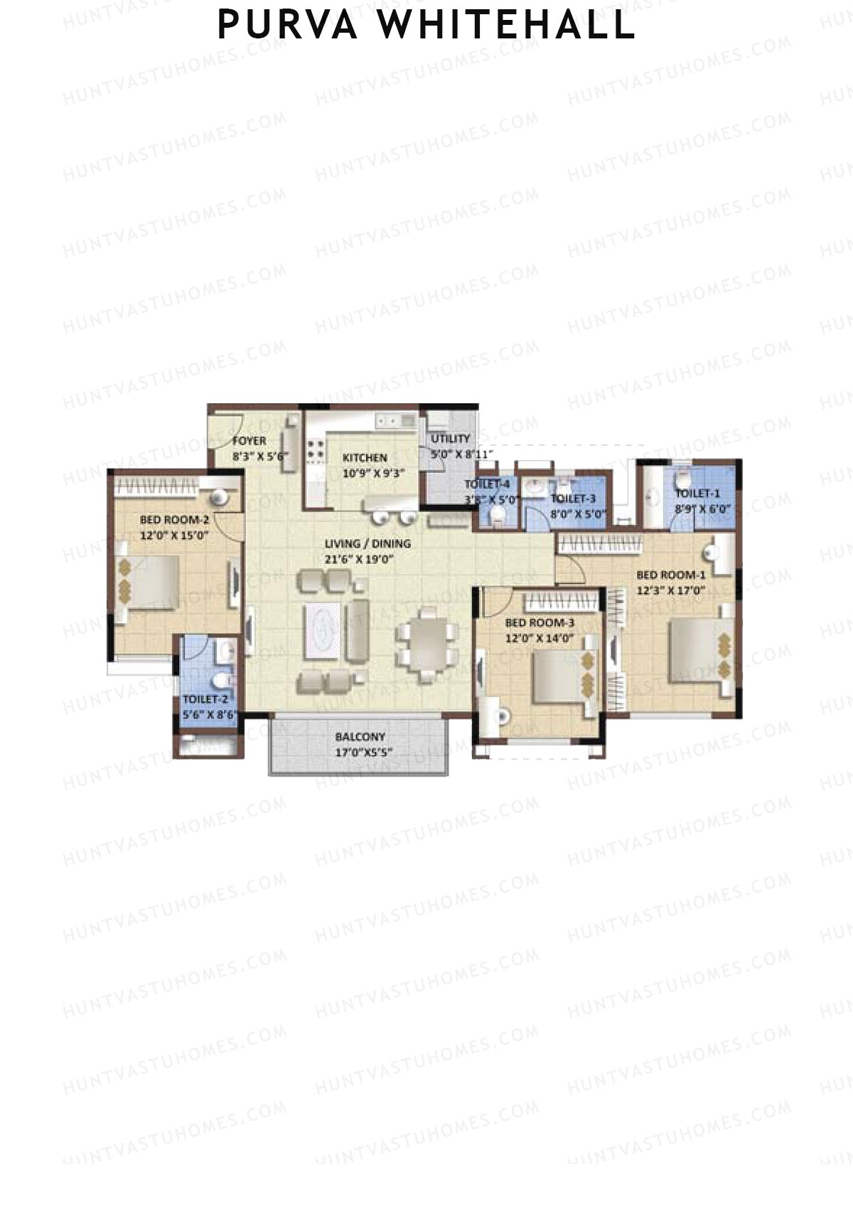Purva Whitehall, Block B, Unit 4, 3BHK, Super Area 2023   sq ft 