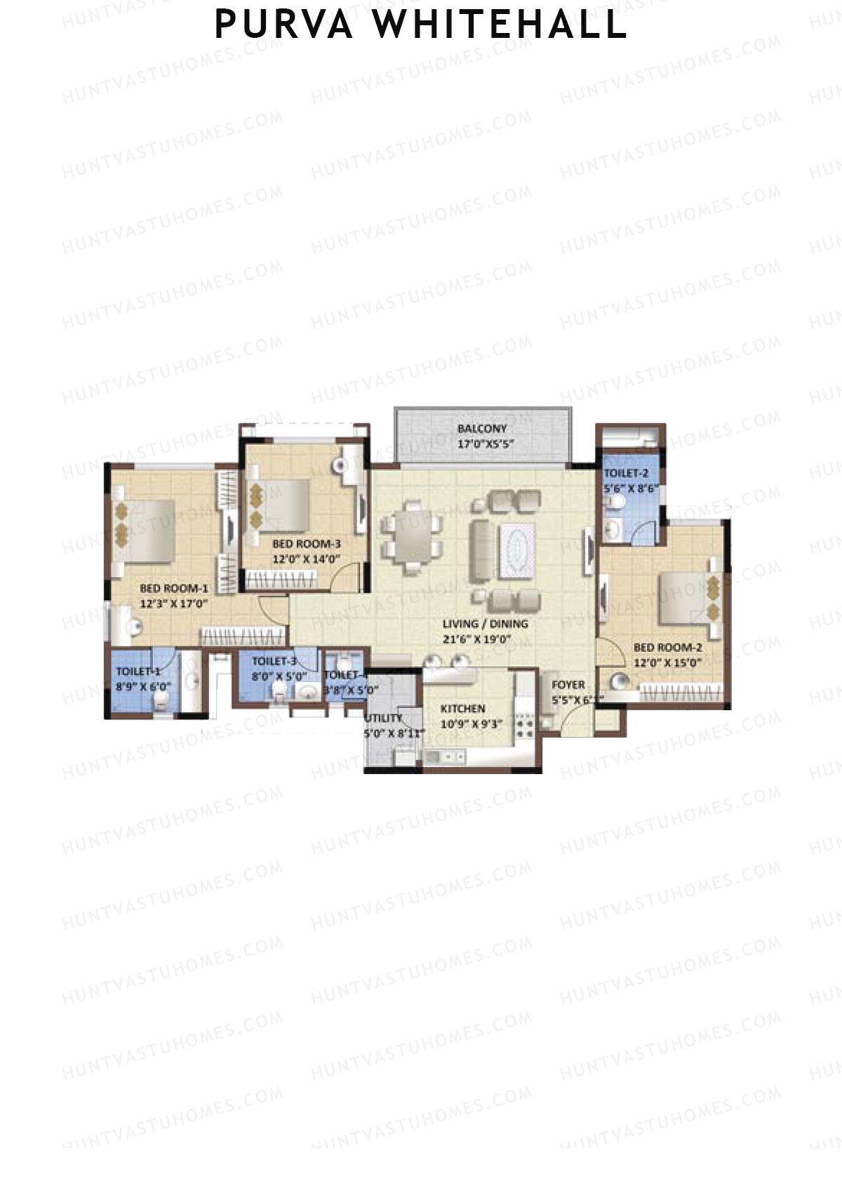 Purva Whitehall, Block C, Unit 2, 3BHK, Super Area 1984   sq ft 