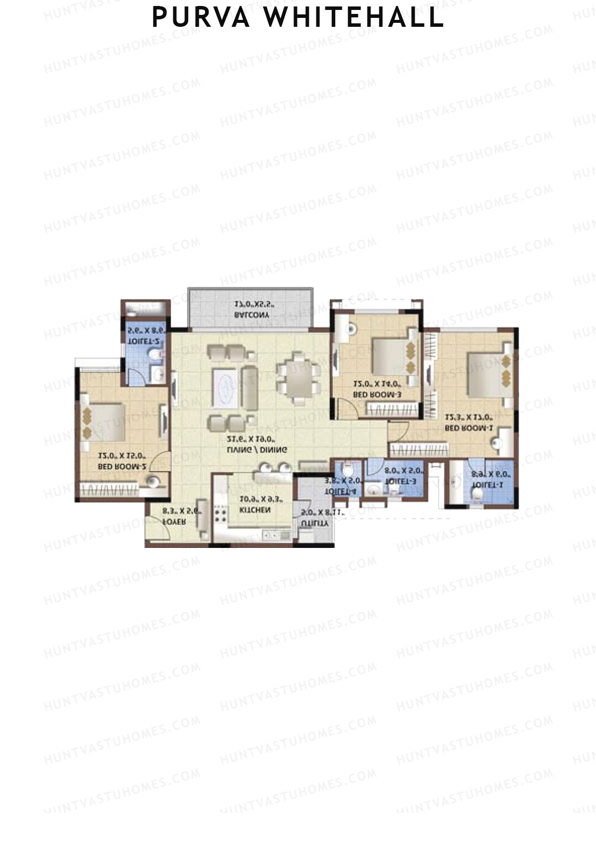 Purva Whitehall, Block C, Unit 3, 3BHK, Super Area 2023   sq ft 