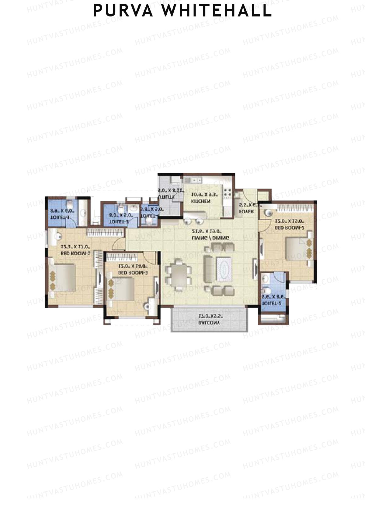 Purva Whitehall, Block D, Unit 1, 3BHK, Super Area 1984   sq ft 