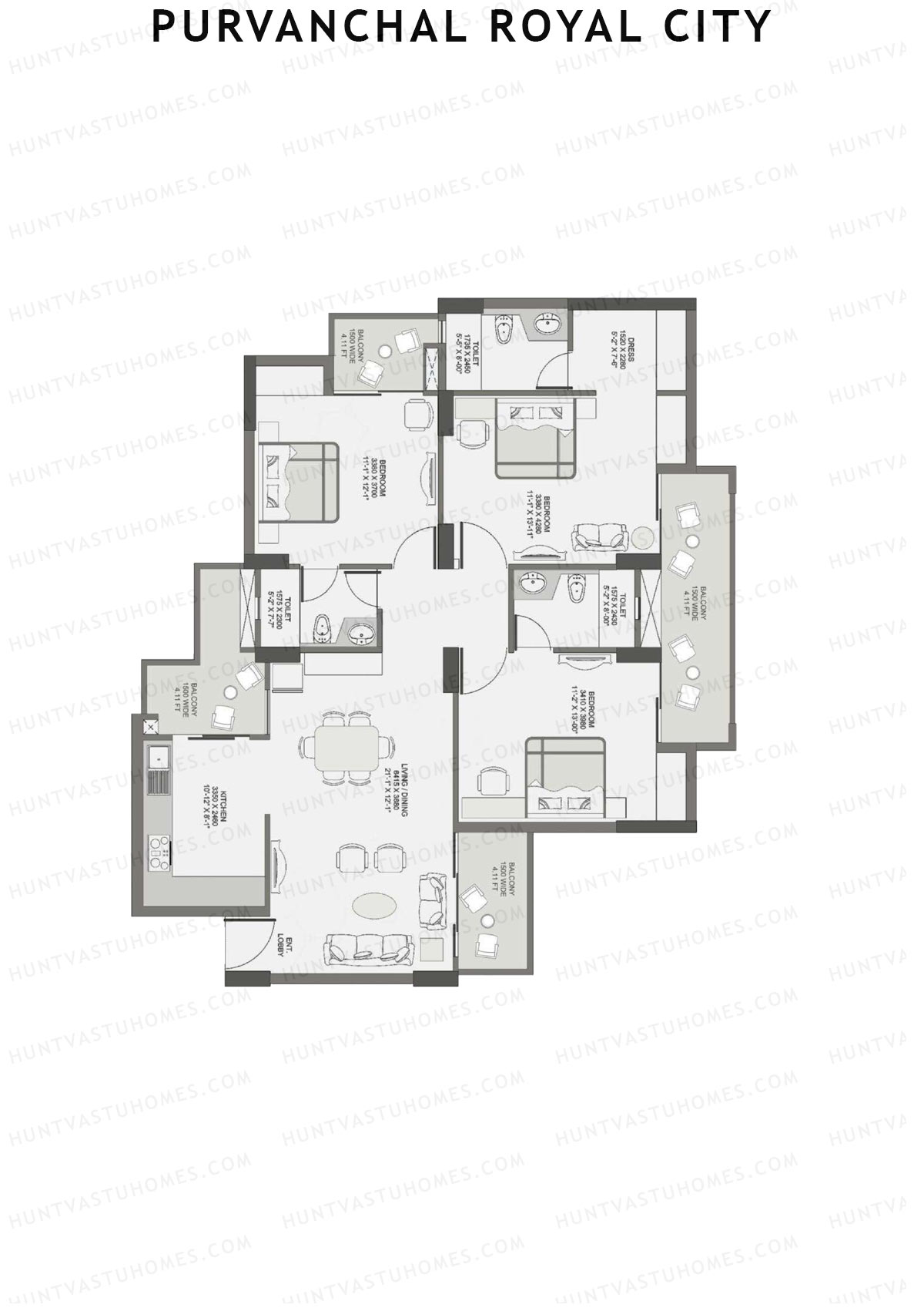 Purvanchal Royal City Tower 10 Unit 38 (Type B1) Floor Plan