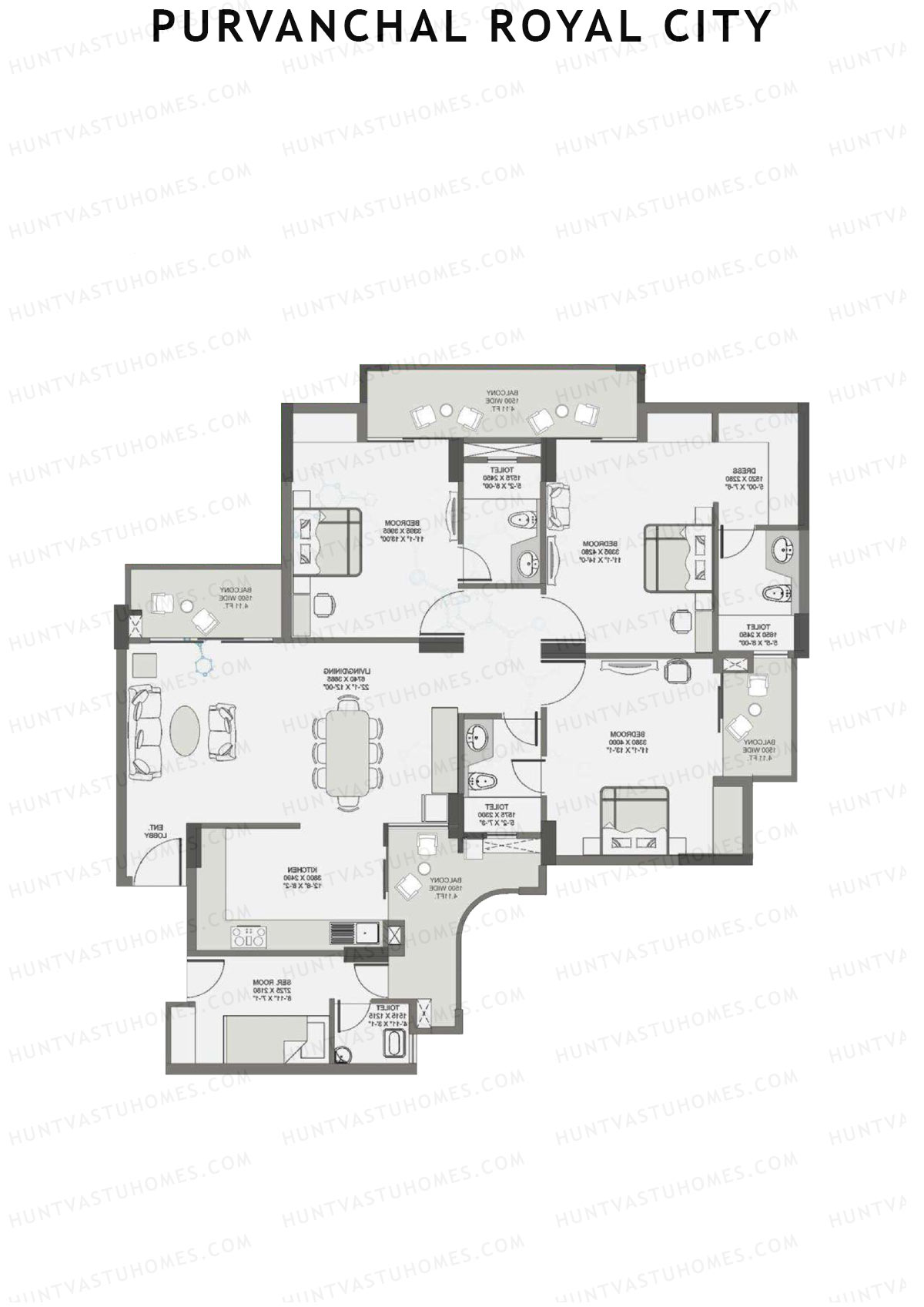 Purvanchal Royal City Tower 11 Unit 14 (Type A3) Floor Plan