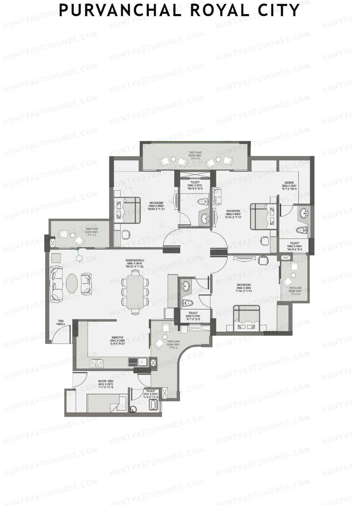 Purvanchal Royal City Tower 12 Unit 16 (Type A3) Floor Plan