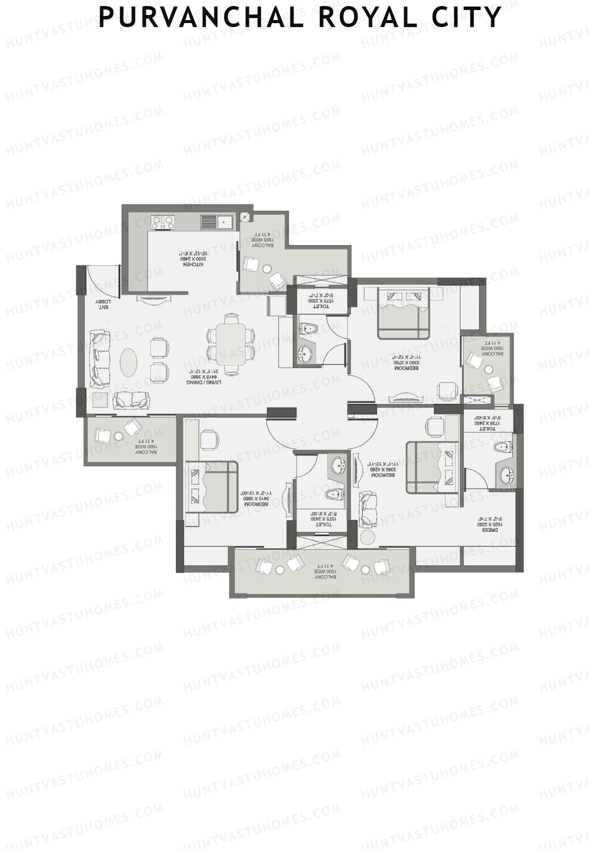 Purvanchal Royal City Tower 1 Unit 1 (Type B1) Floor Plan