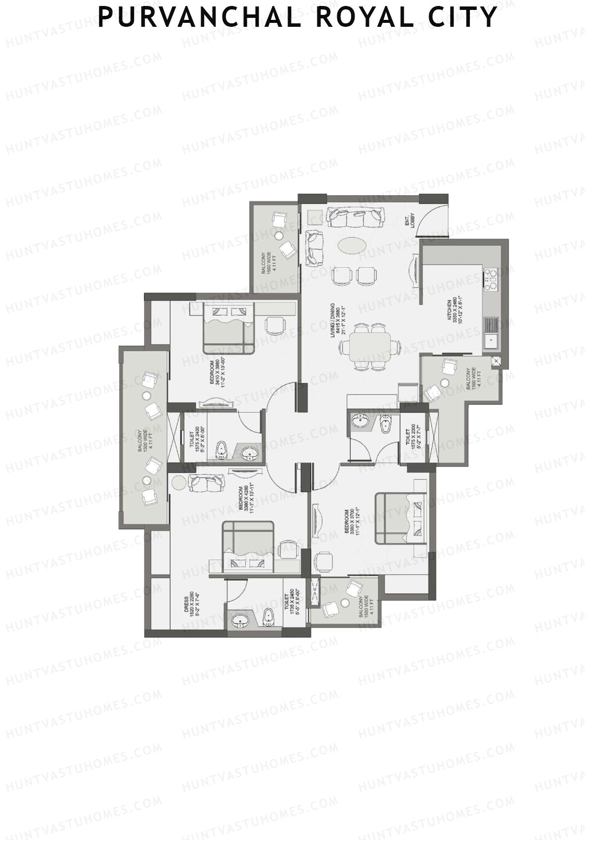 Purvanchal Royal City Tower 1 Unit 3 (Type B1) Floor Plan