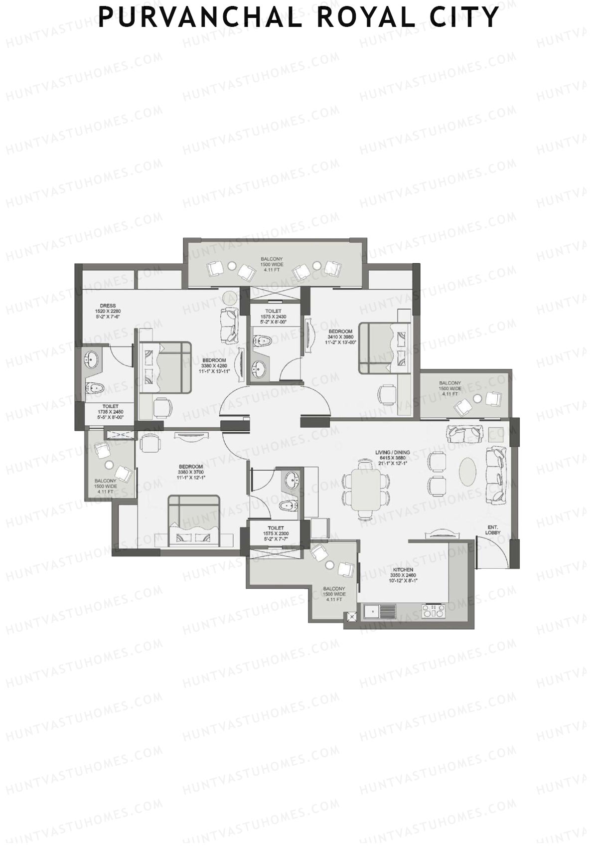 Purvanchal Royal City Tower 1 Unit 5 (Type B1) Floor Plan