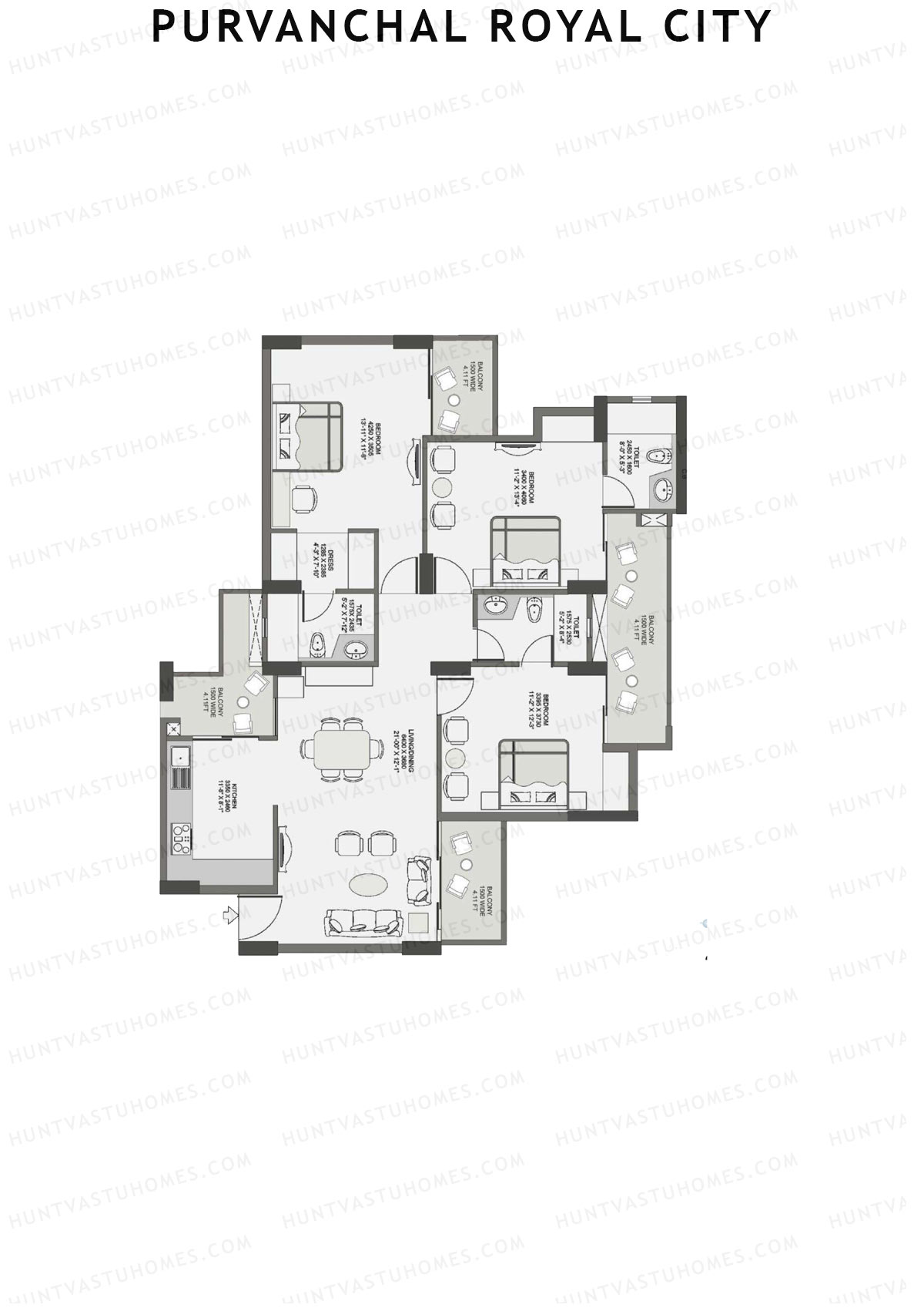 Purvanchal Royal City Tower 2 Unit 12 (Type B1) Floor Plan