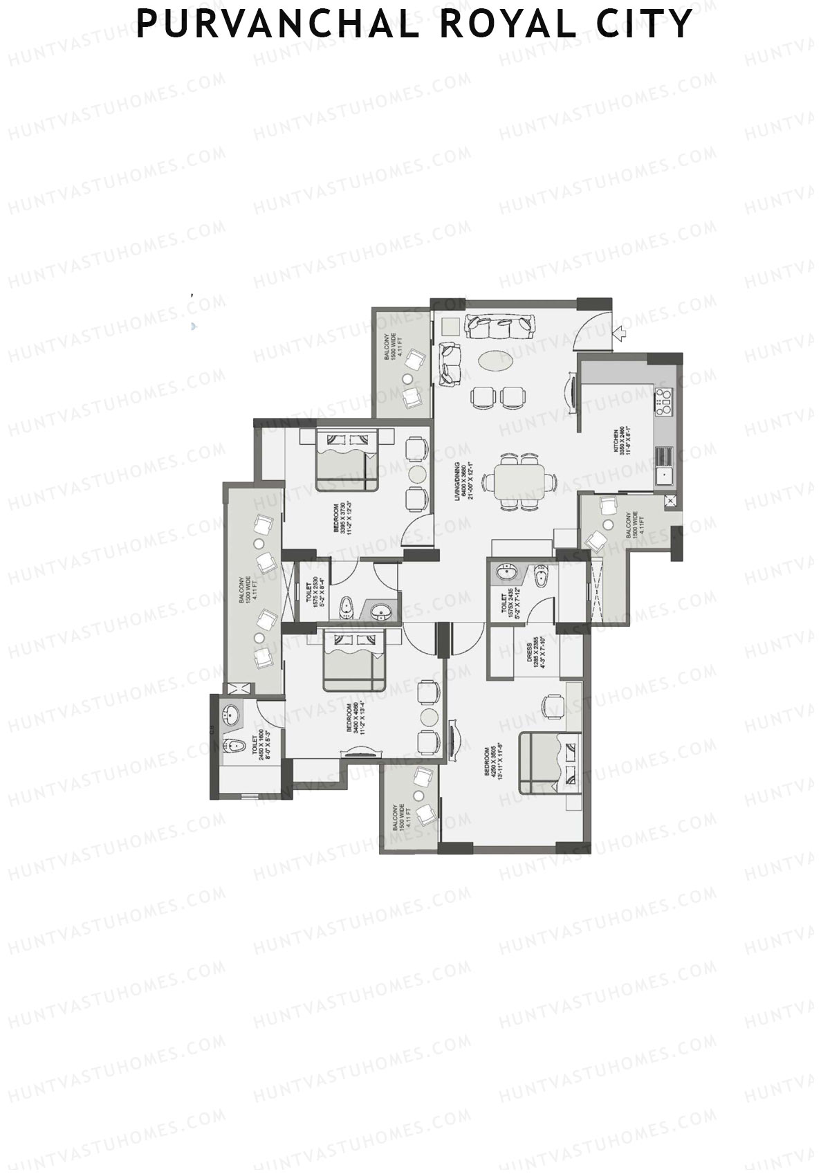 Purvanchal Royal City Tower 2 Unit 8 (Type B1) Floor Plan