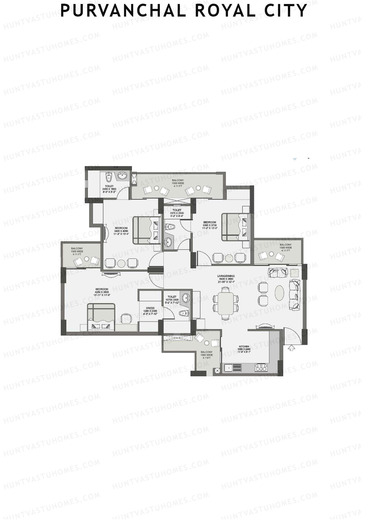 Purvanchal Royal City Tower 8 Unit 26 (Type B1) Floor Plan