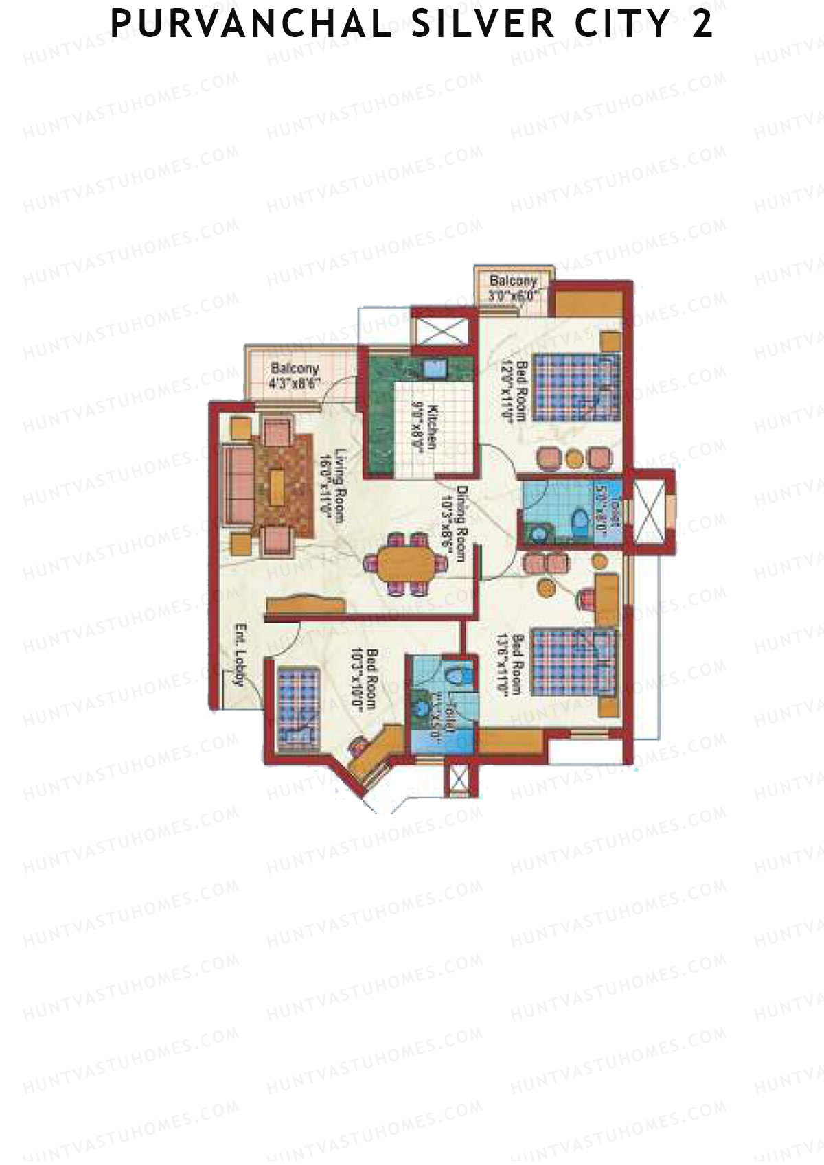Purvanchal Silver City 2 Tower 11 Unit 2 (Type B2) Floor Plan
