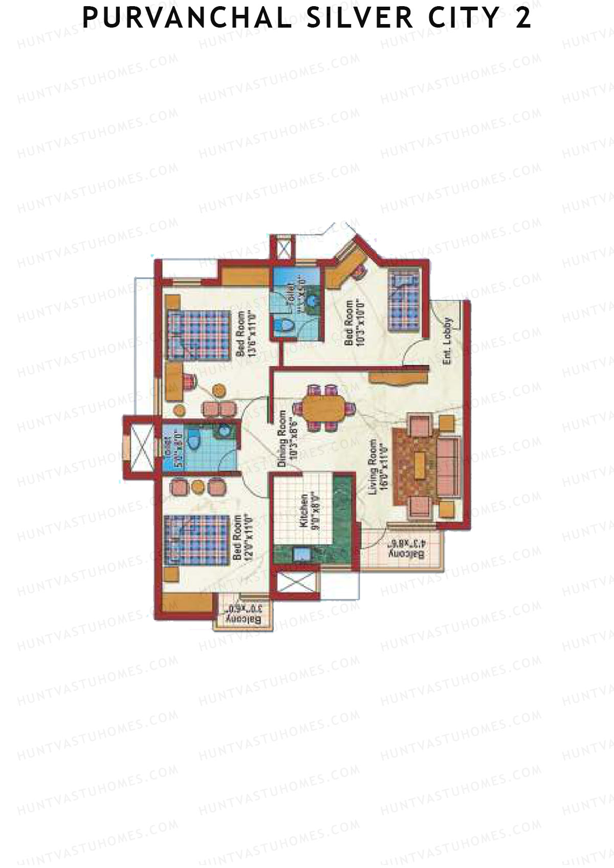 Purvanchal Silver City 2 Tower 13 Unit 4 (Type B2) Floor Plan
