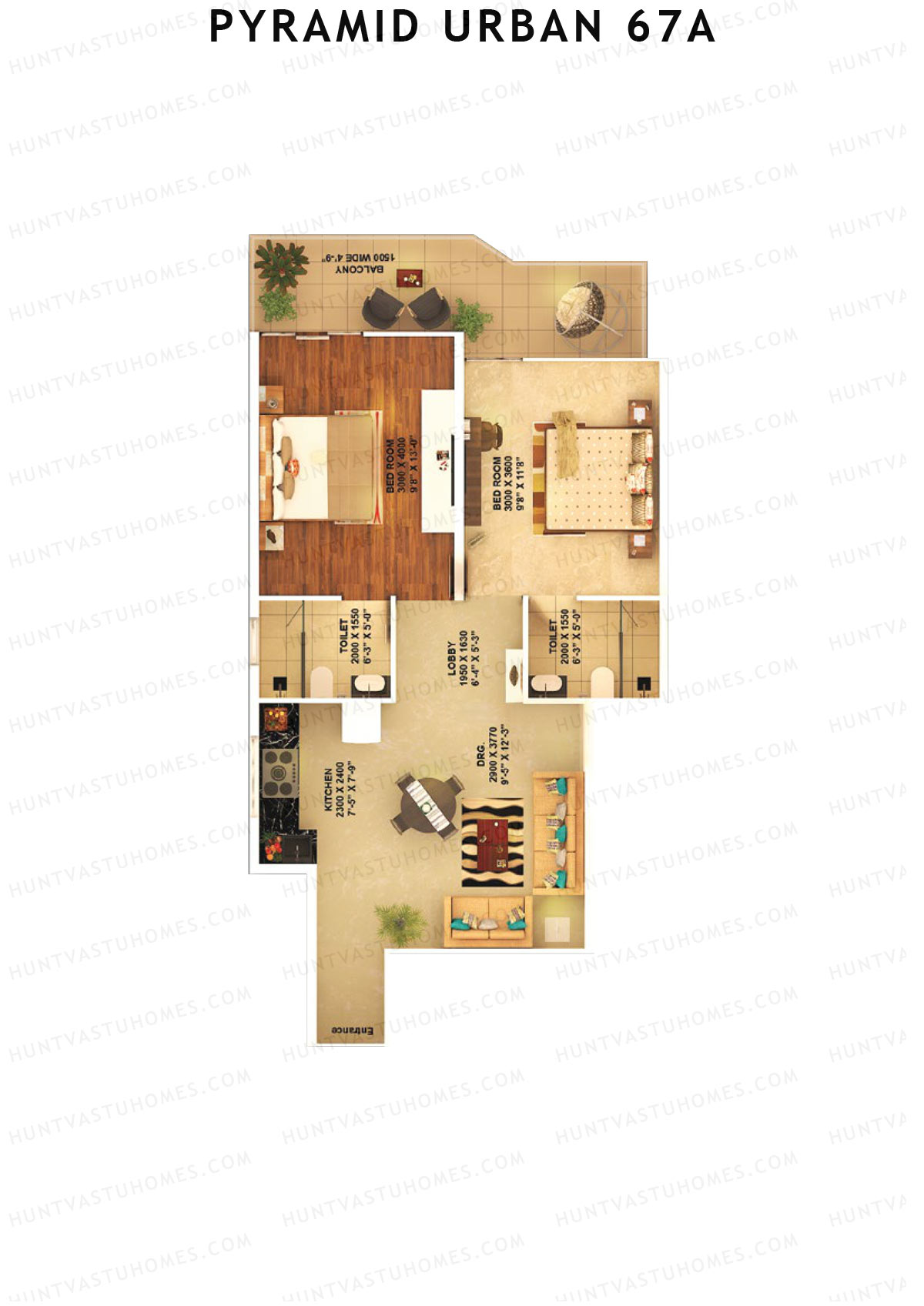 Pyramid Urban 67A, Tower 10, Unit 4 (Type B), 2BHK, Carpet Area 580   sq ft 