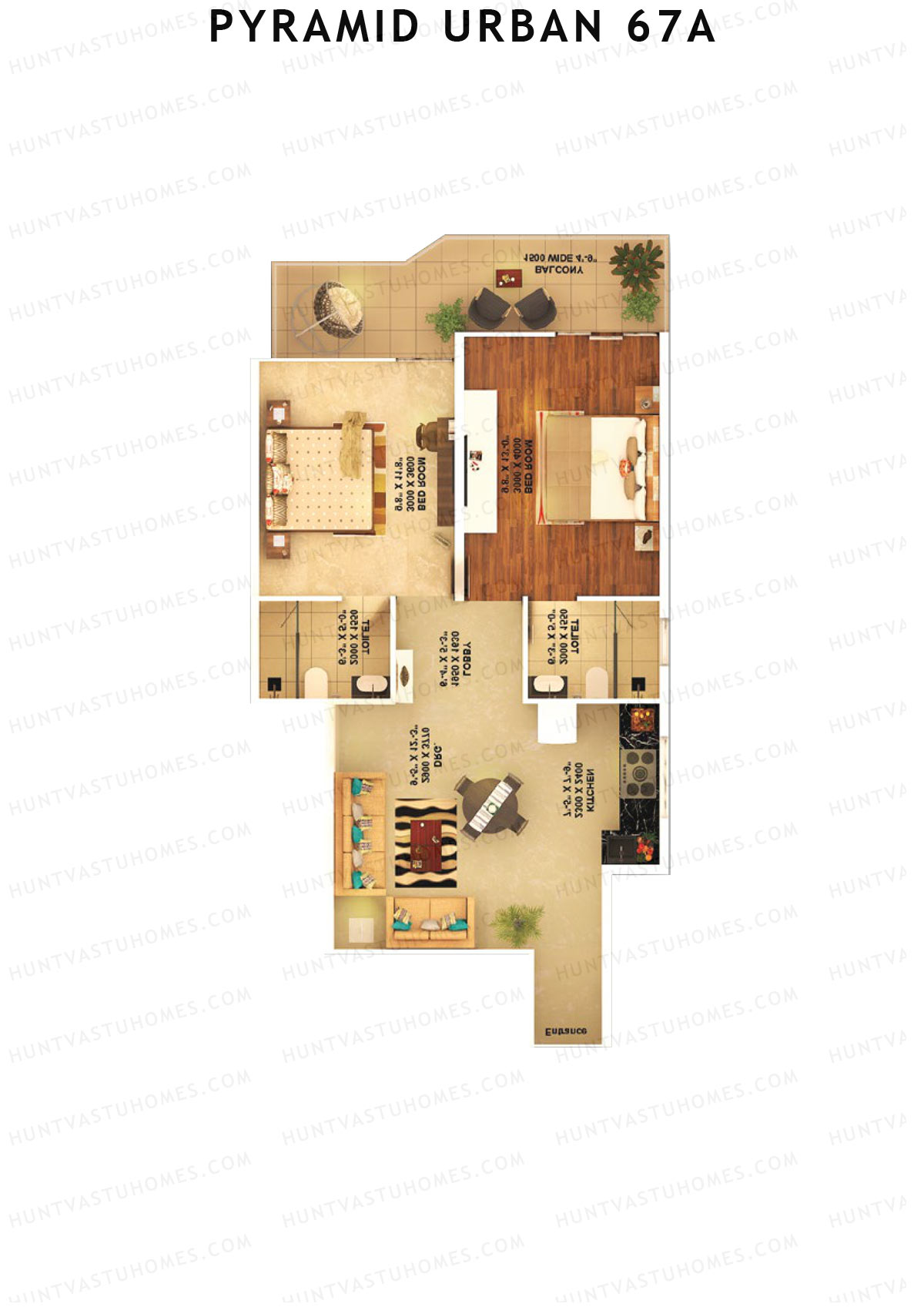 Pyramid Urban 67A, Tower 12, Unit 3 (Type B), 2BHK, Carpet Area 580   sq ft 