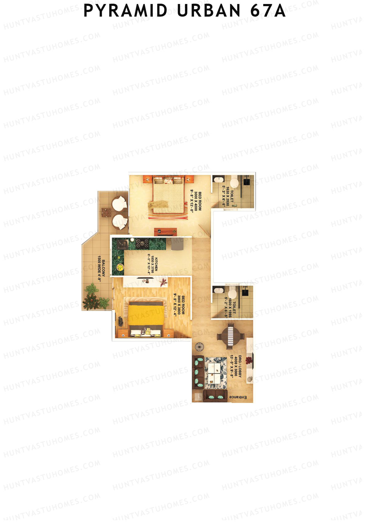 Pyramid Urban 67A, Tower 1, Unit 1 (Type A), 2BHK, Carpet Area 591   sq ft 