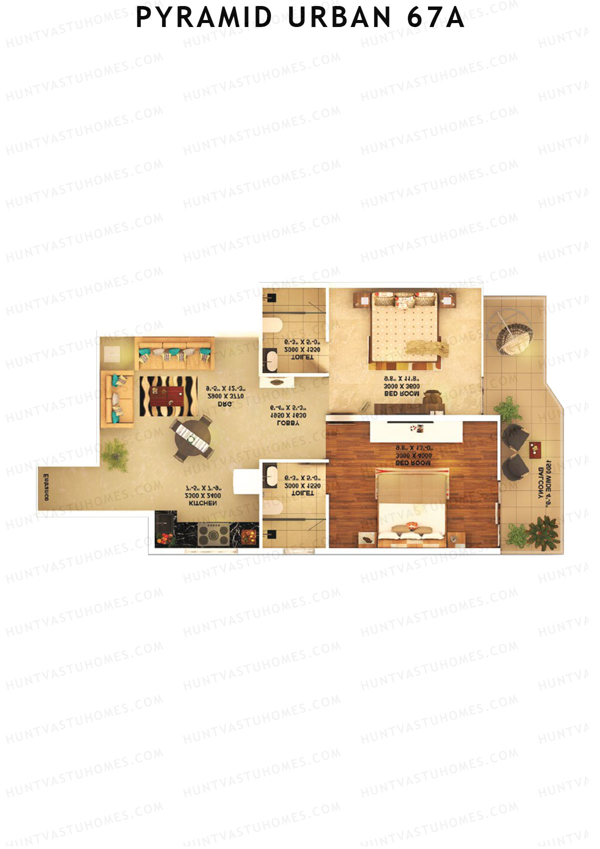 Pyramid Urban 67A, Tower 1, Unit 3 (Type B), 2BHK, Carpet Area 580   sq ft 
